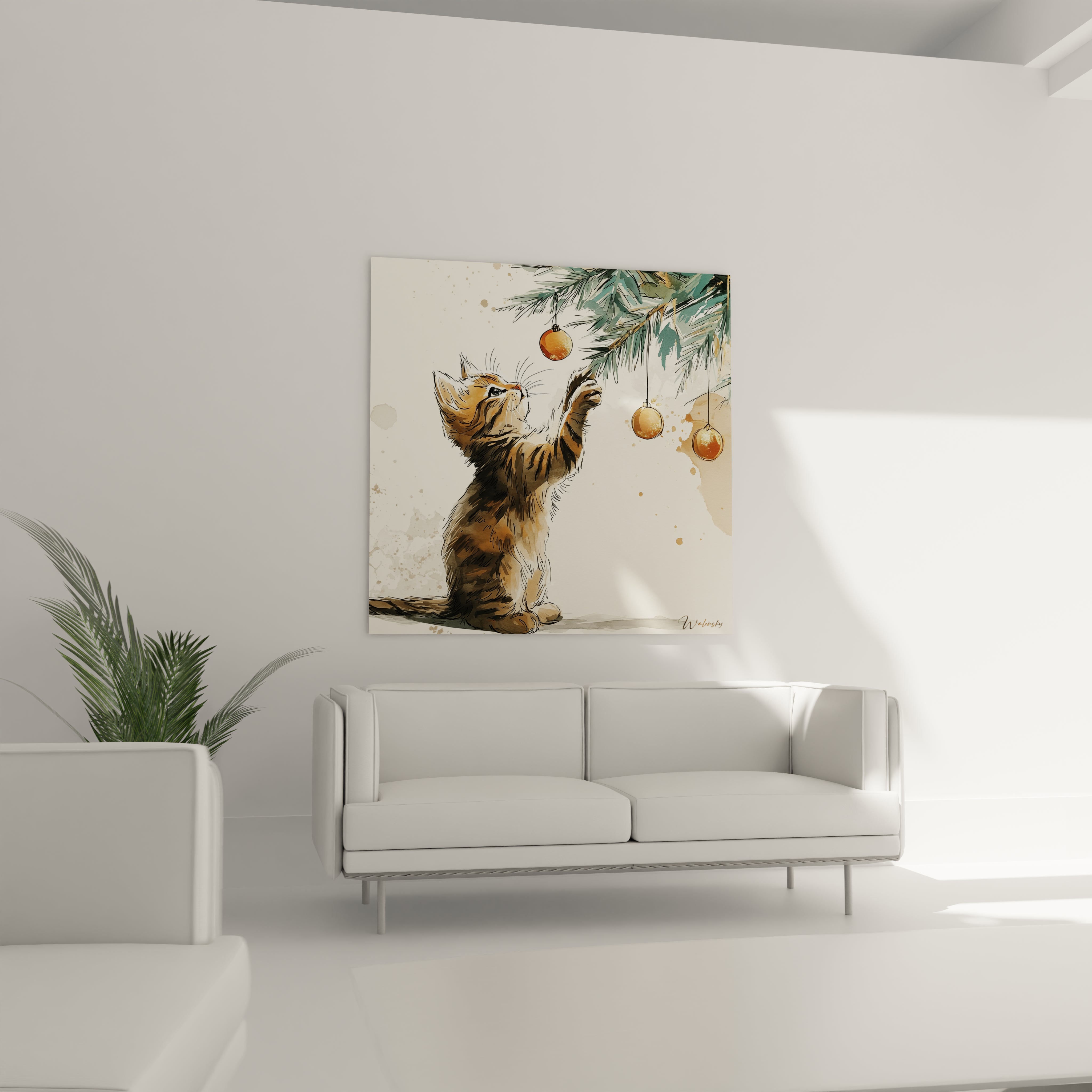Tableau chat Noël représentant un chaton jouant avec des décorations de Noël sur un sapin