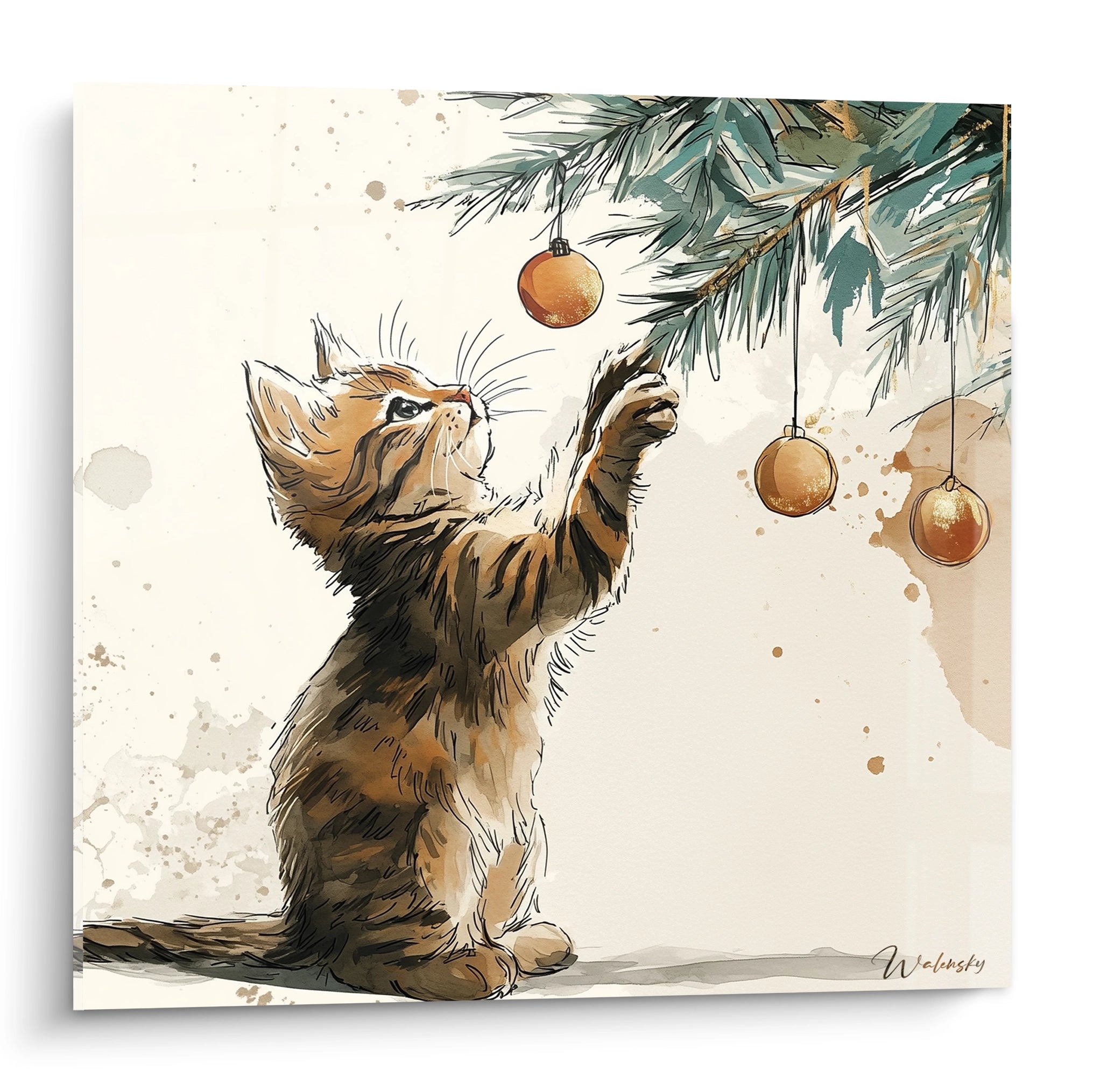 Tableau mural chat Noël avec un chaton jouant près d'un sapin décoré de boules dorées