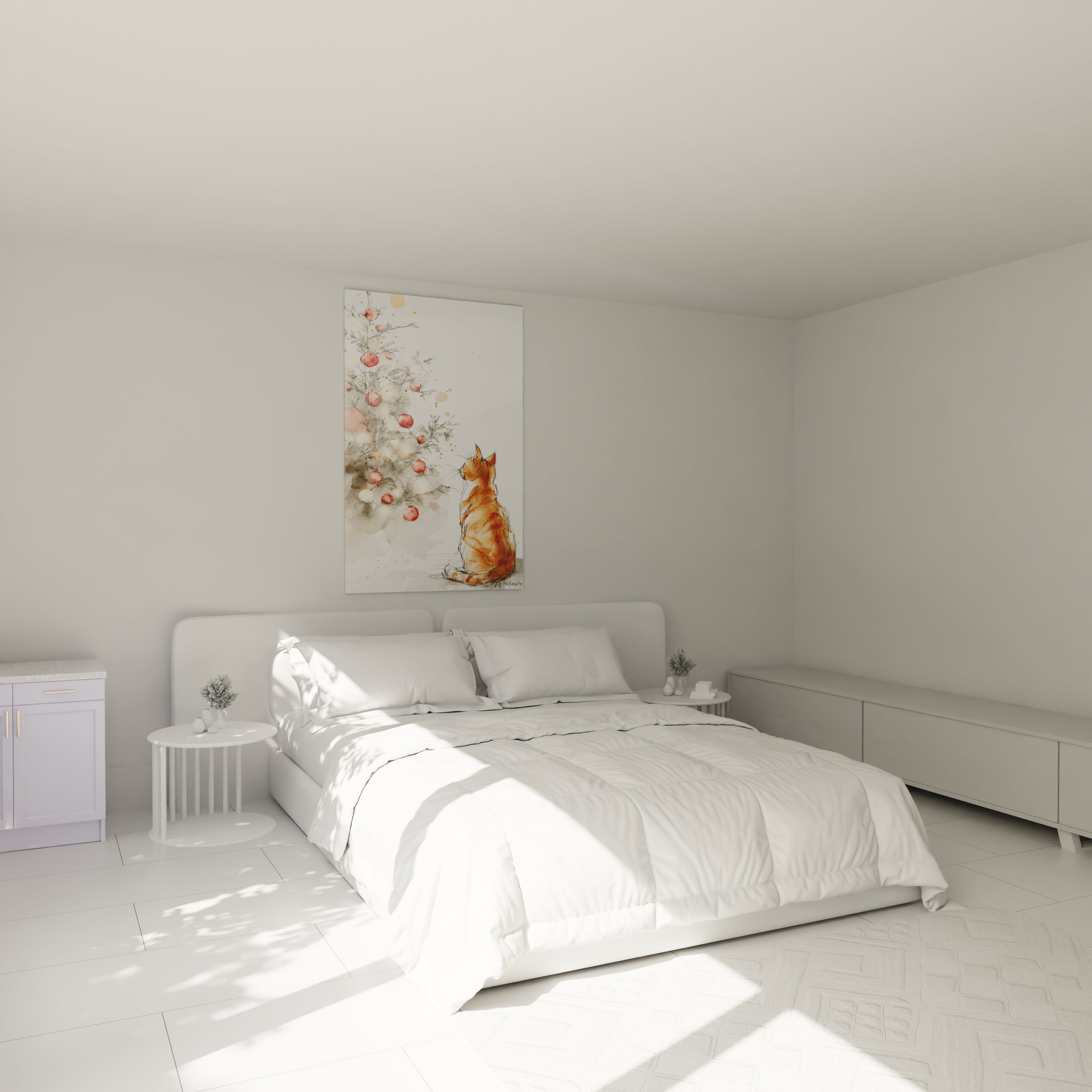 Tableau chat noël de Walensky avec un chat orange devant un sapin décoré dans une chambre lumineuse