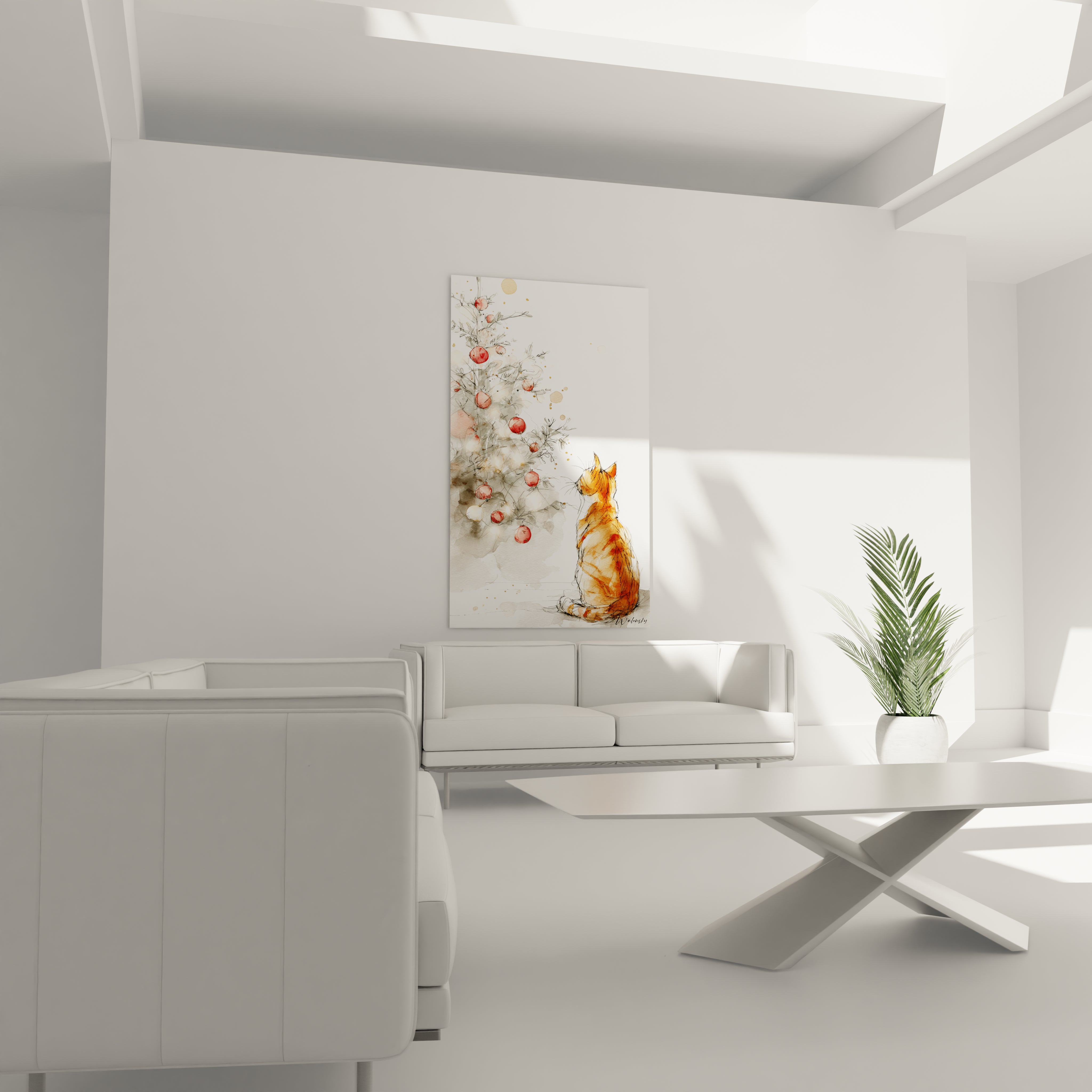 Tableau chat Noël représentant un chat observant un sapin décoré dans un salon moderne