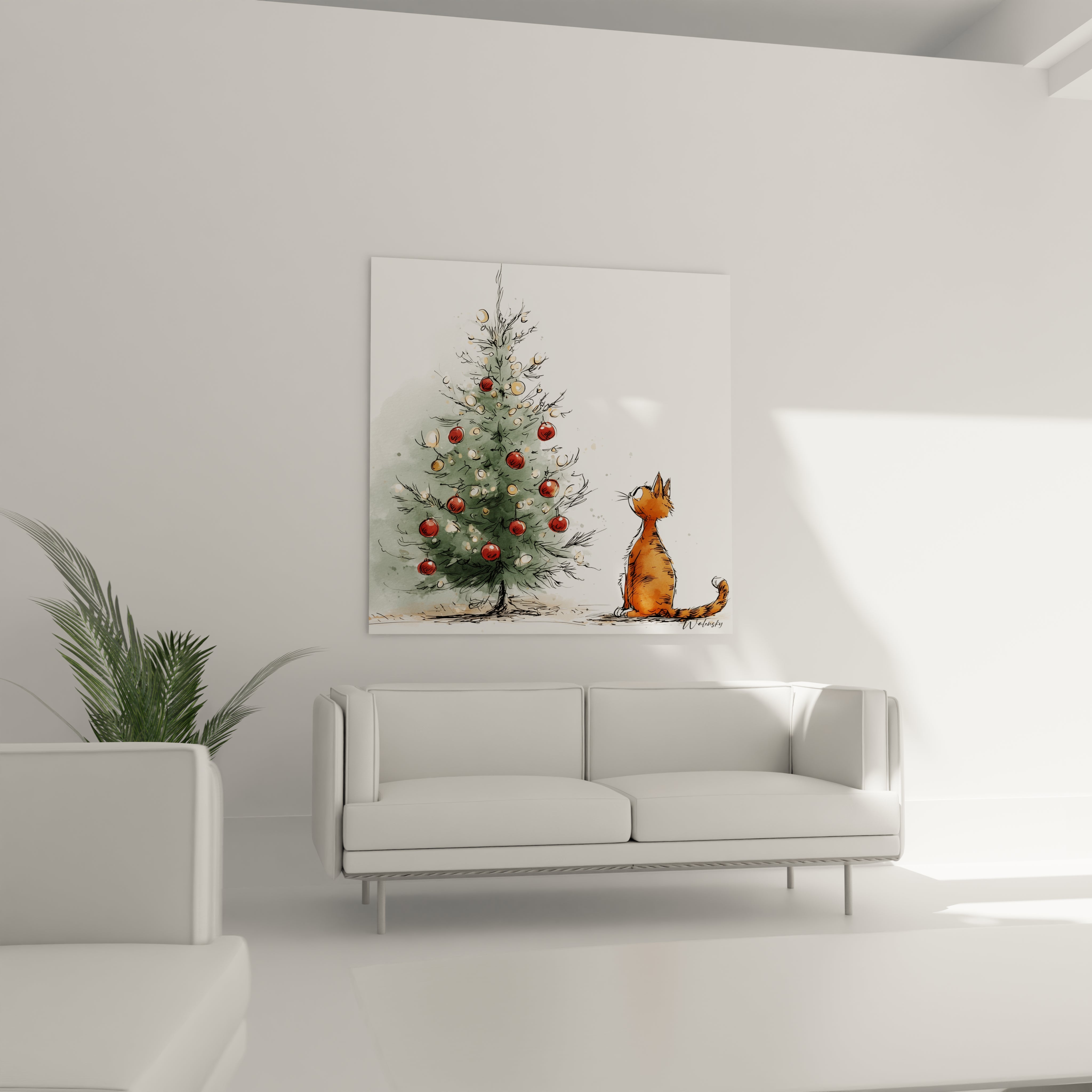 Tableau chat Noël avec un chat orange devant un sapin de Noël décoré dans un salon moderne