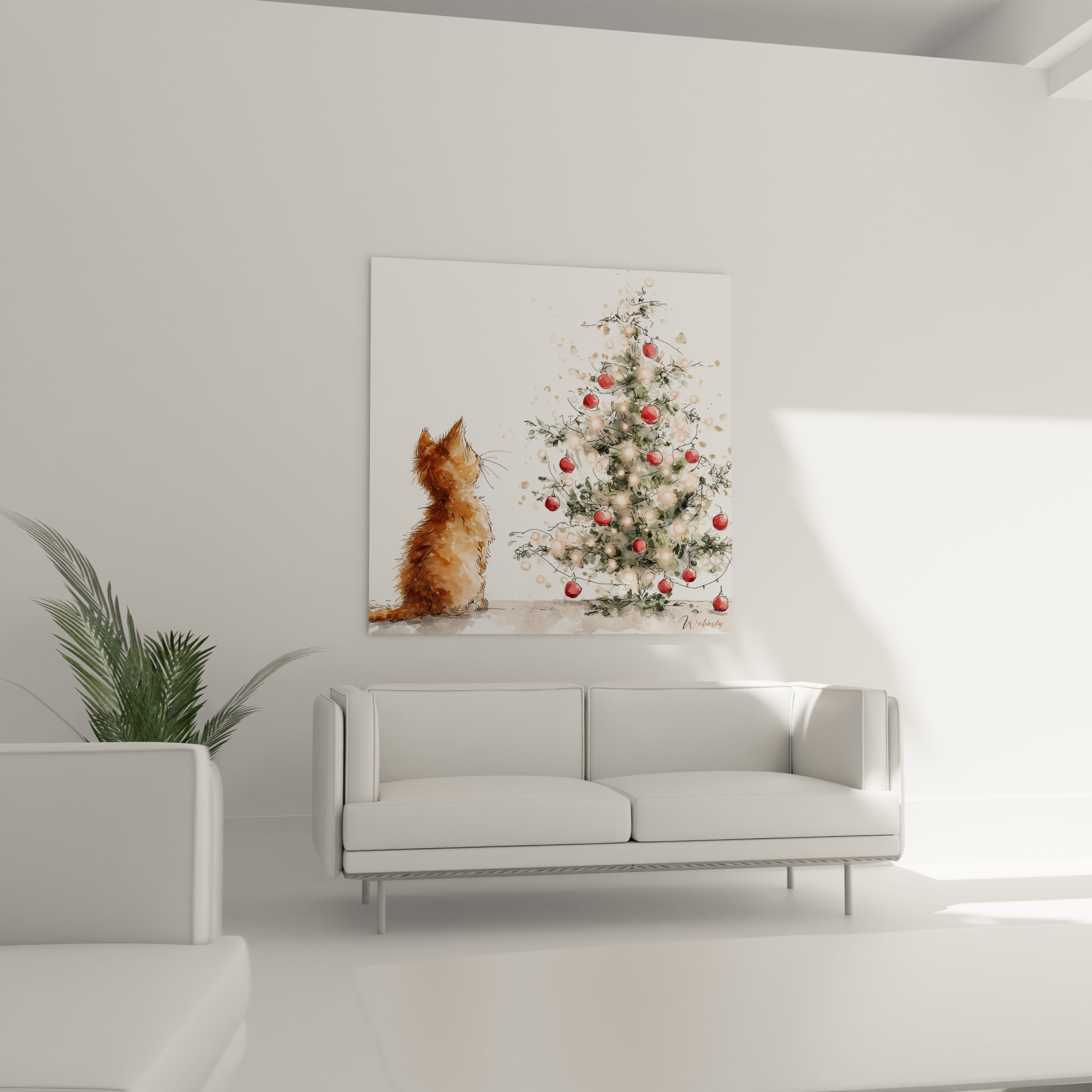 Tableau chat Noël représentant un chat devant un sapin décoré de boules et de guirlandes