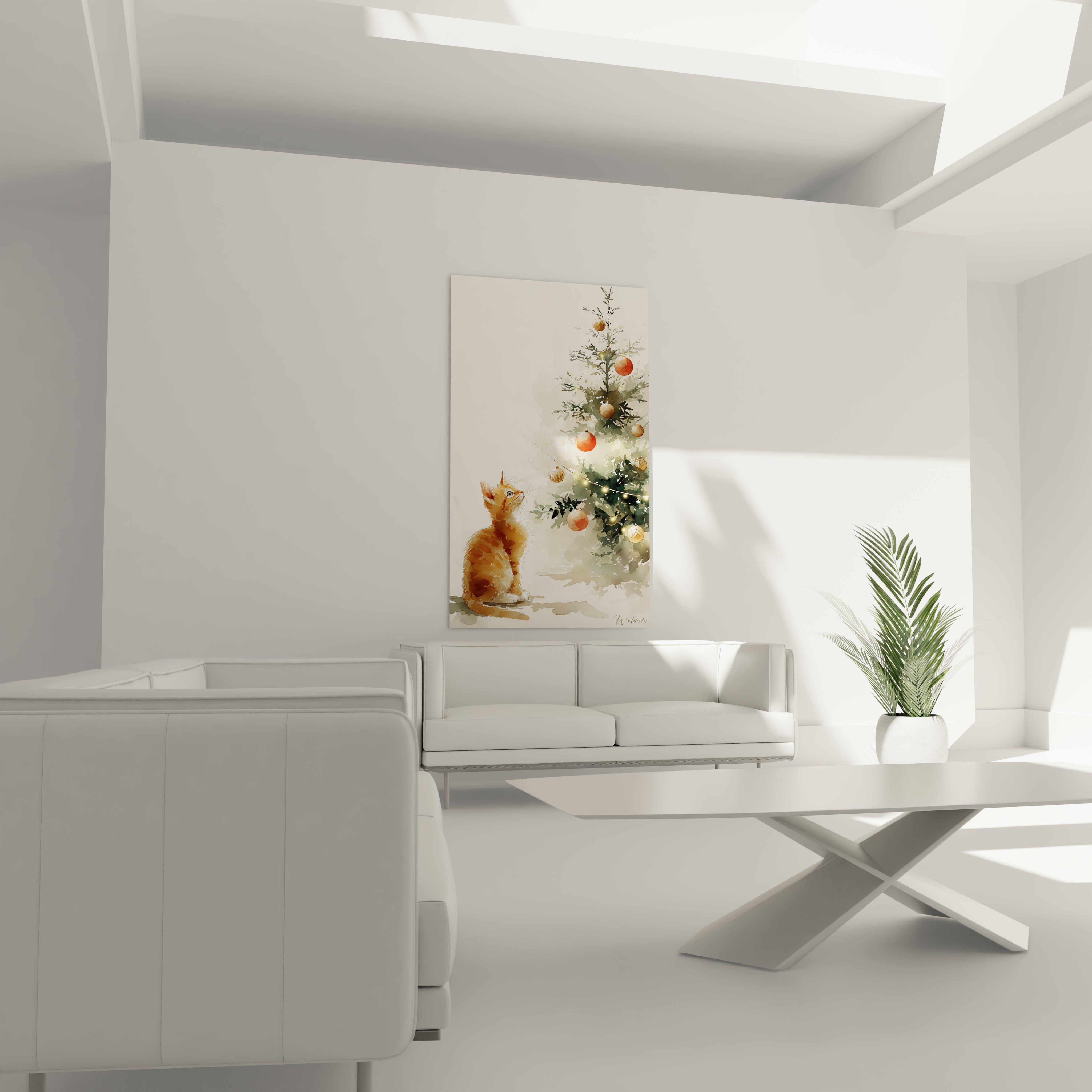 Tableau chat Noël avec un chat proche d'un sapin décoré dans un salon moderne