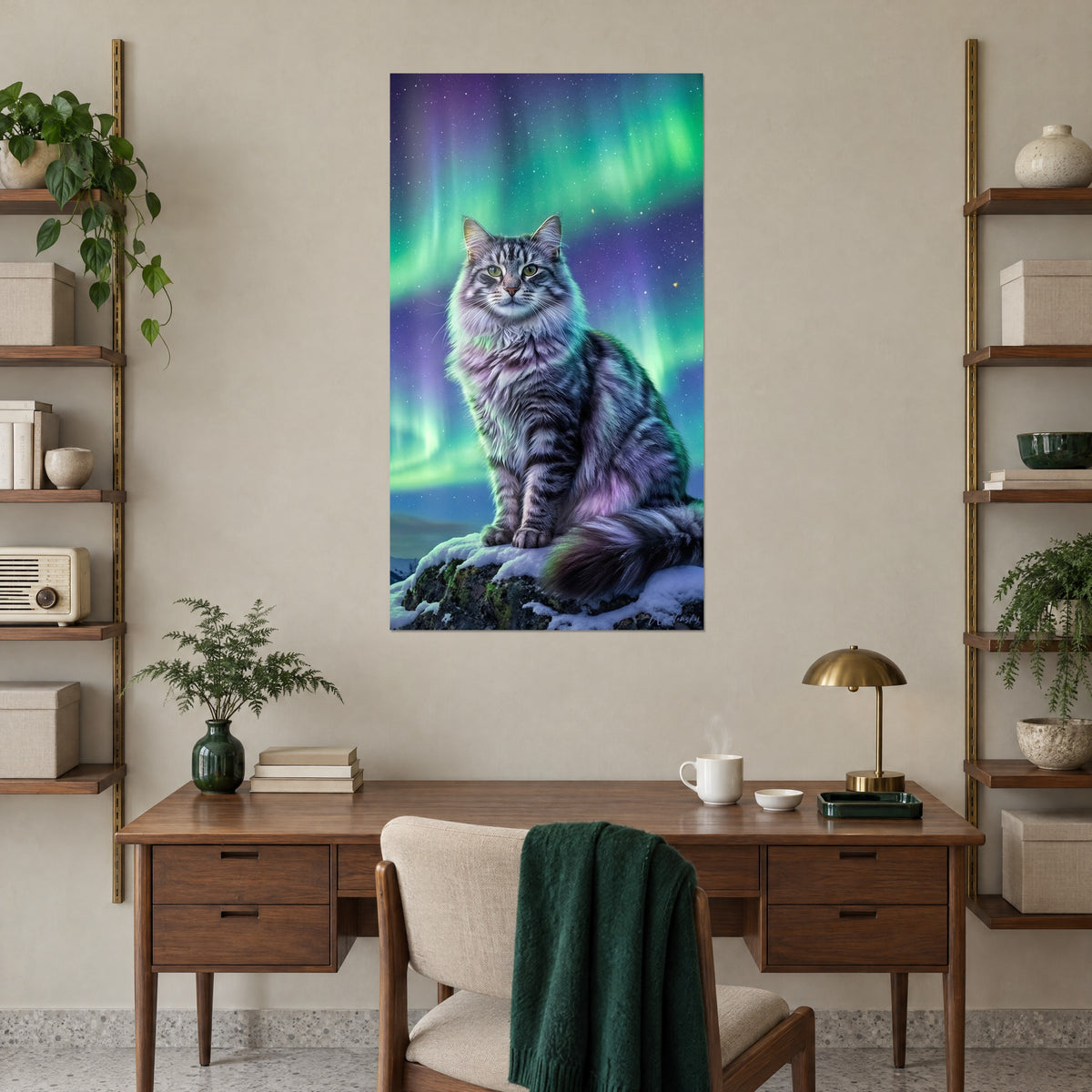 Schilderij getigerde kat met puntige oren en intense groene blik, groen en paars noorderlicht, boven een houten bureau