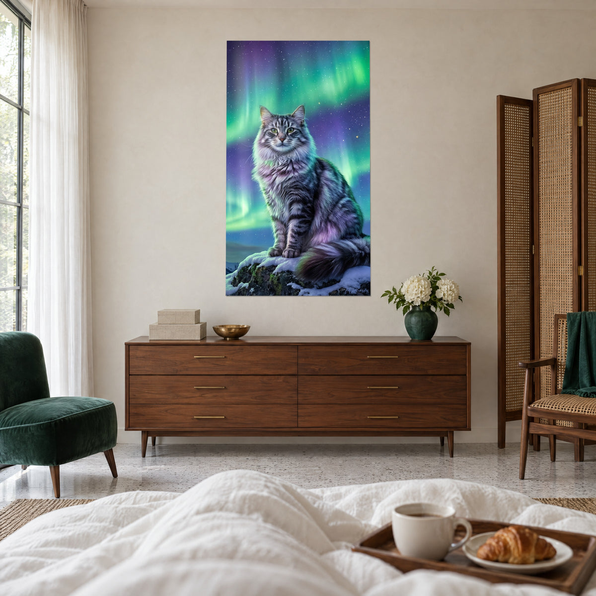 Schilderij Noorse boskat met pluimstaart liggend in de sneeuw, blauwe en groene sterrenhemel, boven een bed in een lichte slaapkamer