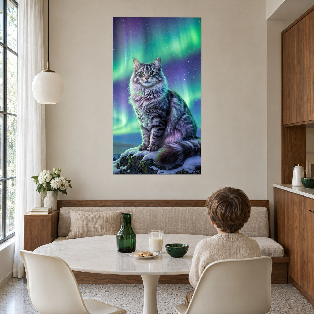 Schilderij portret van een majestueuze Siberische kat, grijze en roze vacht, turquoise sluier van noorderlicht, in een lichte eethoek