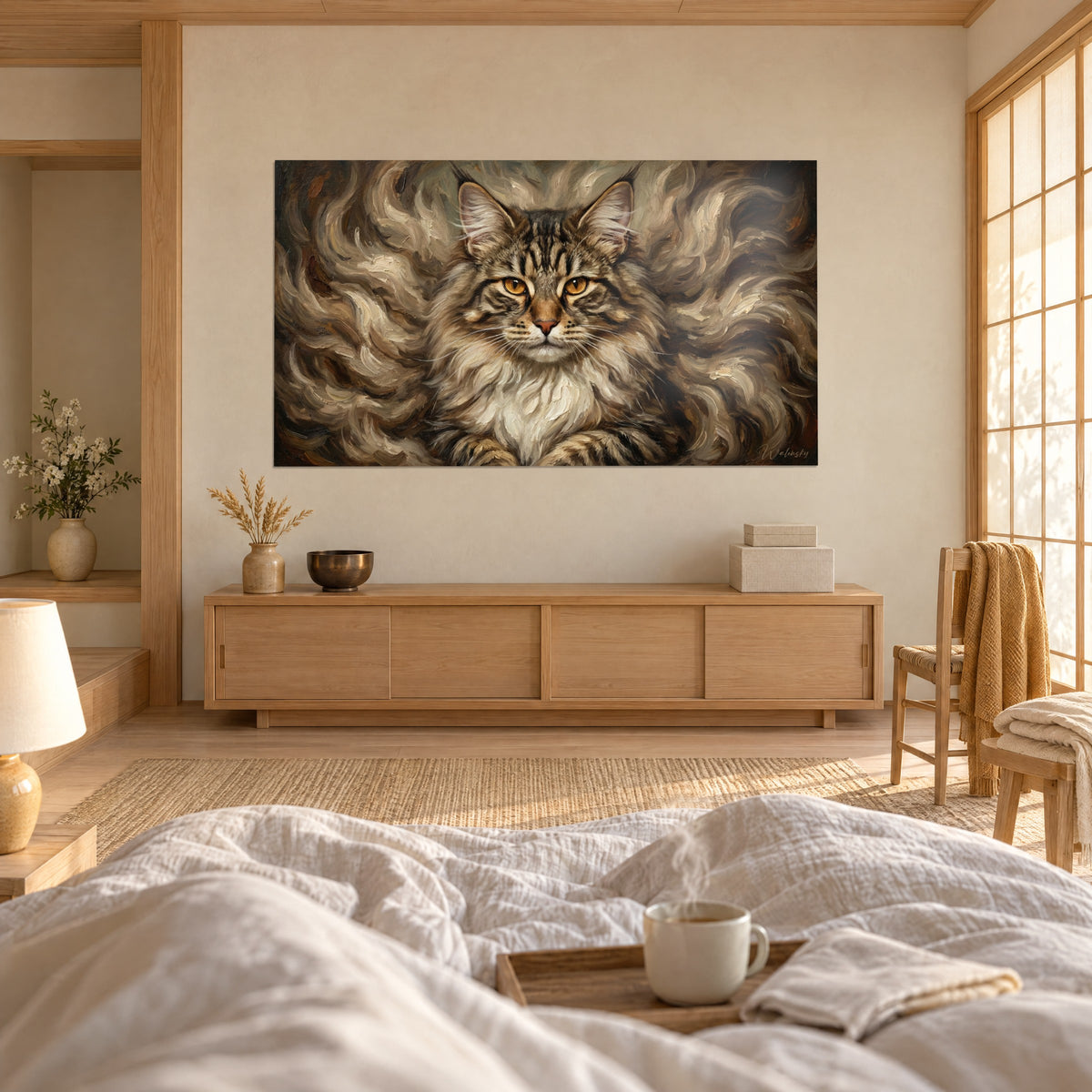Πίνακας Norwegian Forest Cat με τρίχωμα μπρονζέ και ελεφαντοστού, κεχριμπαρένια μάτια, κρεμασμένος πάνω από κρεβάτι σε φωτεινή κρεβατοκάμαρα