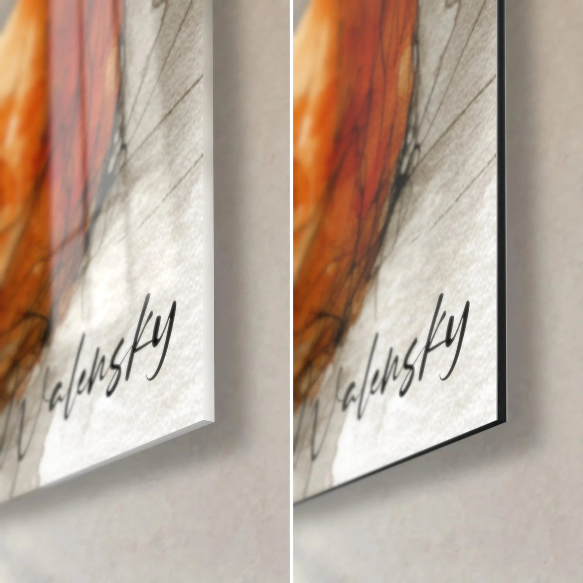 Schilderij oranje en witte kat, zwarte signatuur rechtsonder, glanzend acrylglas links, mat Dibond aluminium rechts