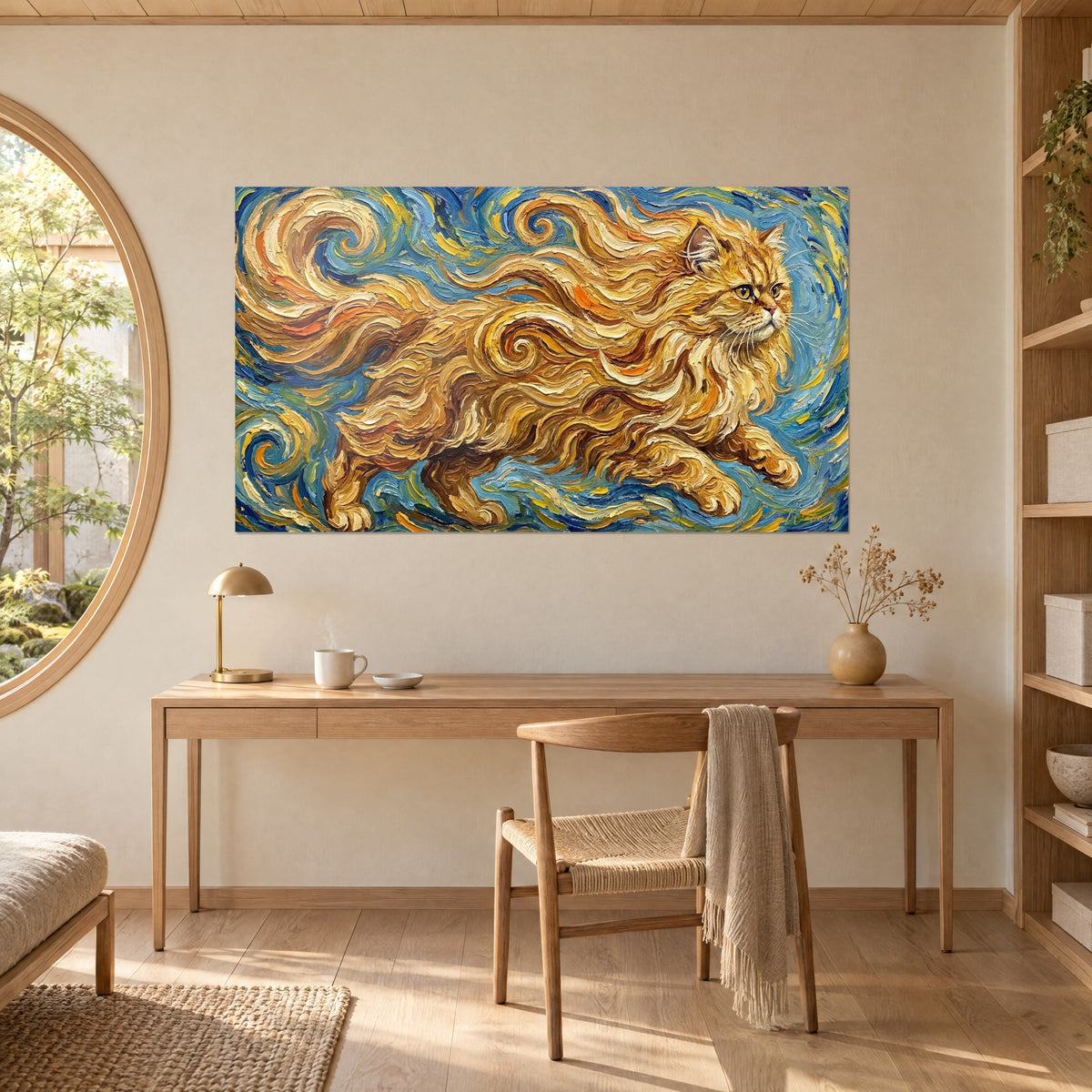 Quadro persiano dagli occhi ambrati lanciato al galoppo, pasta spessa gialla e blu oltremare, appeso sopra una scrivania in legno chiaro