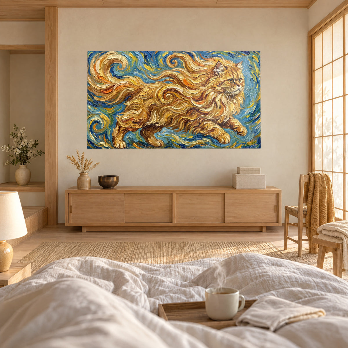 Quadro gatto persiano maschio dalla criniera fiammeggiante, vortici turchese e zafferano, con una persona di spalle, sopra un letto in una camera luminosa