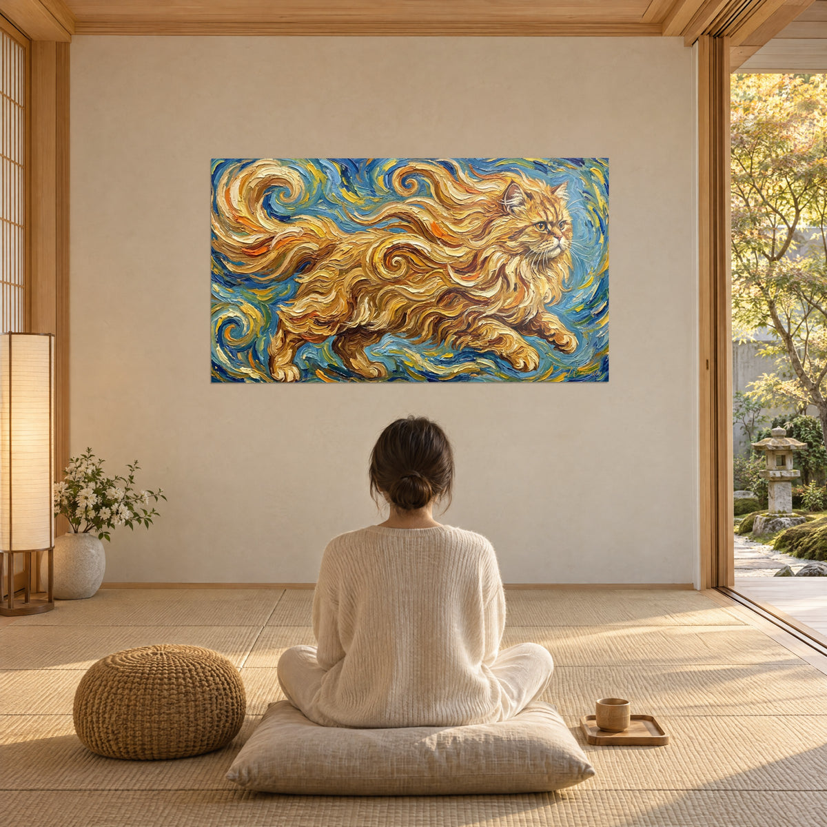 Quadro gattino gigante in stile Van Gogh, pelliccia ocra e crema, cielo azzurro a spirale, donna seduta di spalle su un cuscino di fronte al giardino