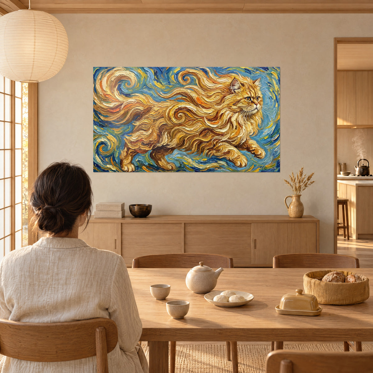 Quadro micio dal pelo lungo color miele attraversato da volute blu notte e arancio, donna di spalle a tavola, in una stanza japandi