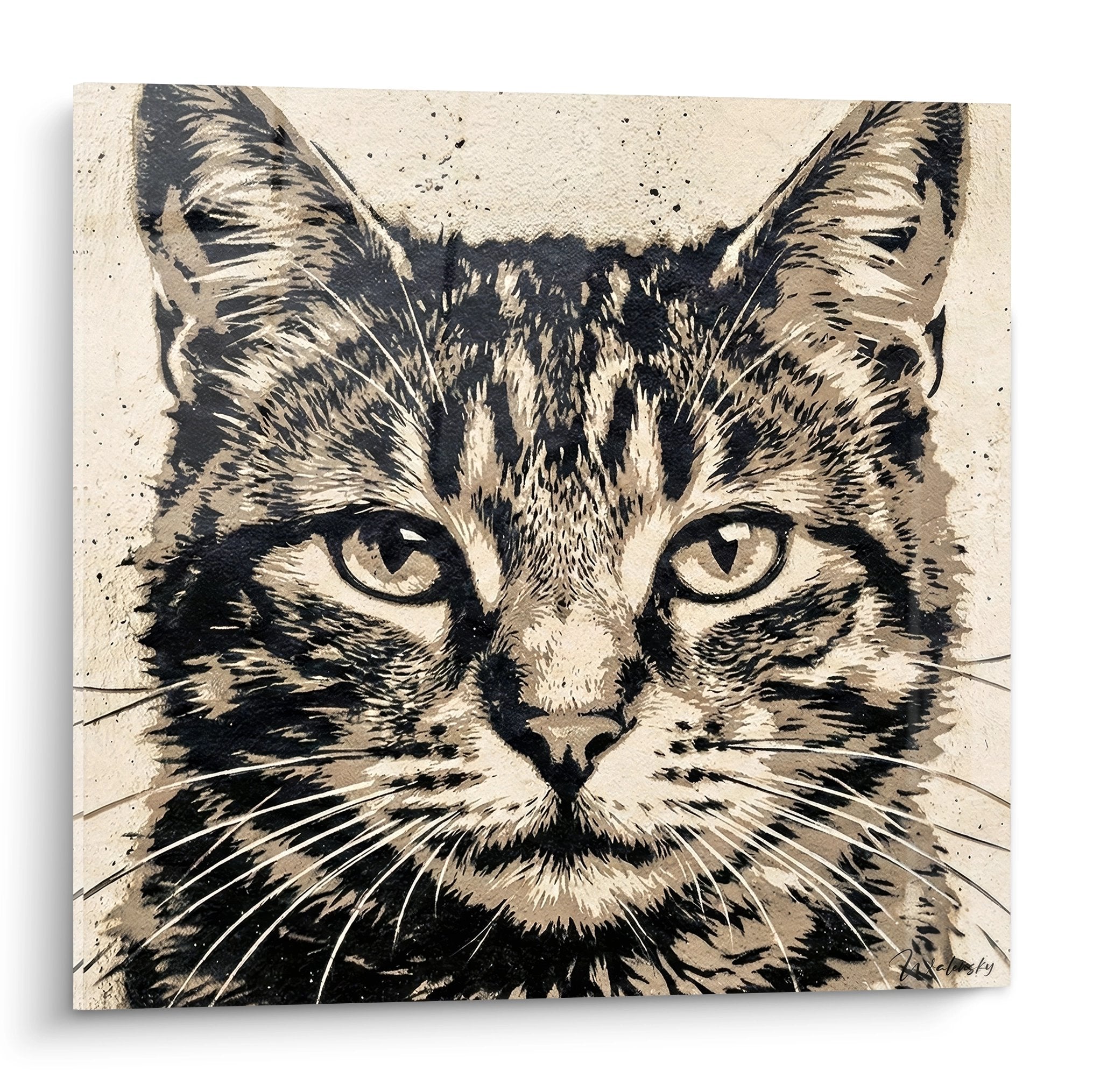 Tableau portrait de chat aux yeux dores en tons beiges et noirs style street art pochoir