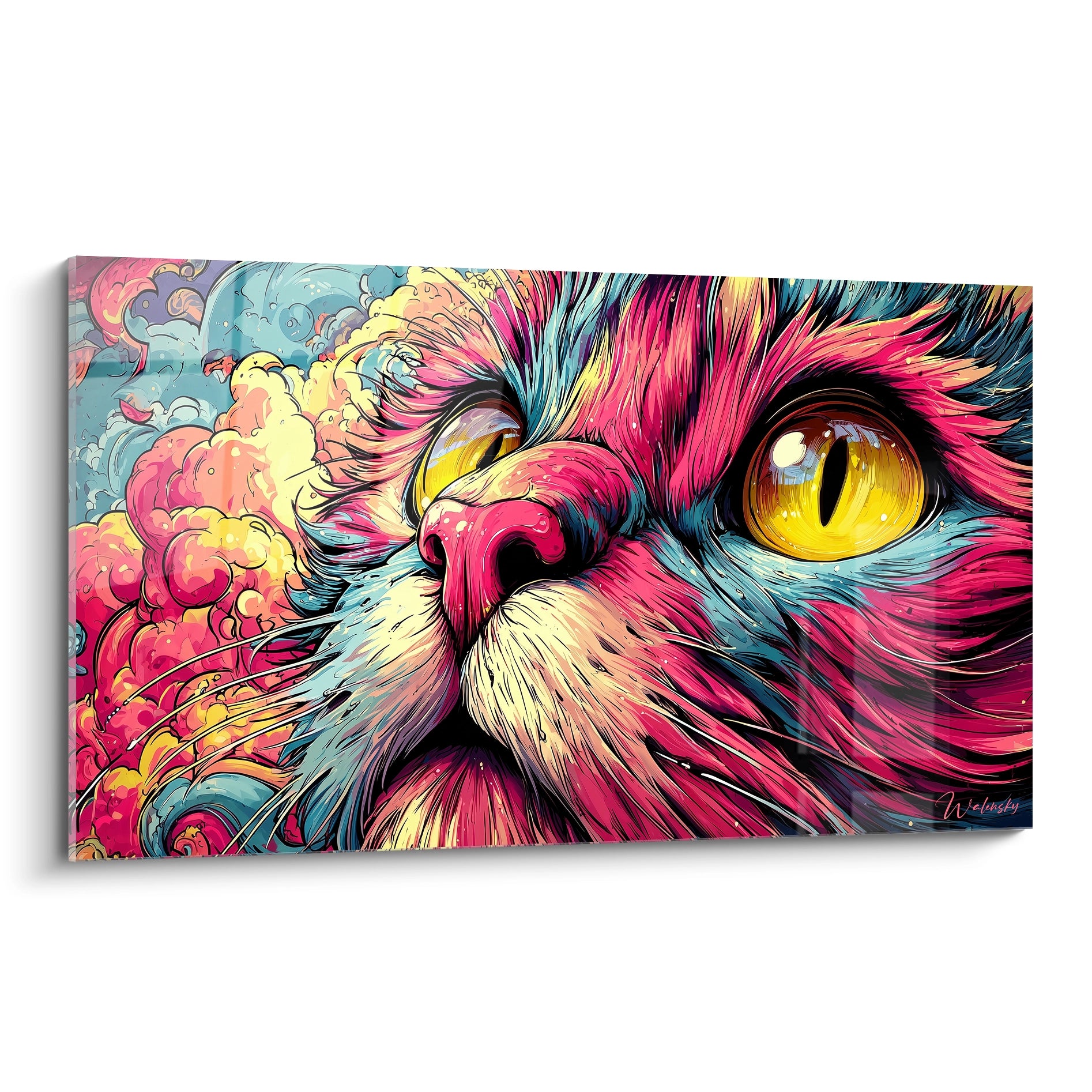 Tableau mural chat psychédélique aux couleurs vibrantes avec œil doré hypnotique art moderne coloré