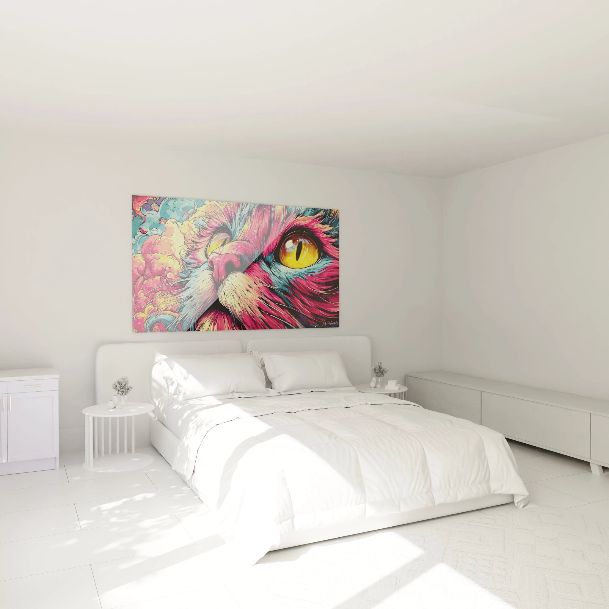 Décoration chambre avec tableau chat psychédélique multicolore ambiance moderne couleurs en folie
