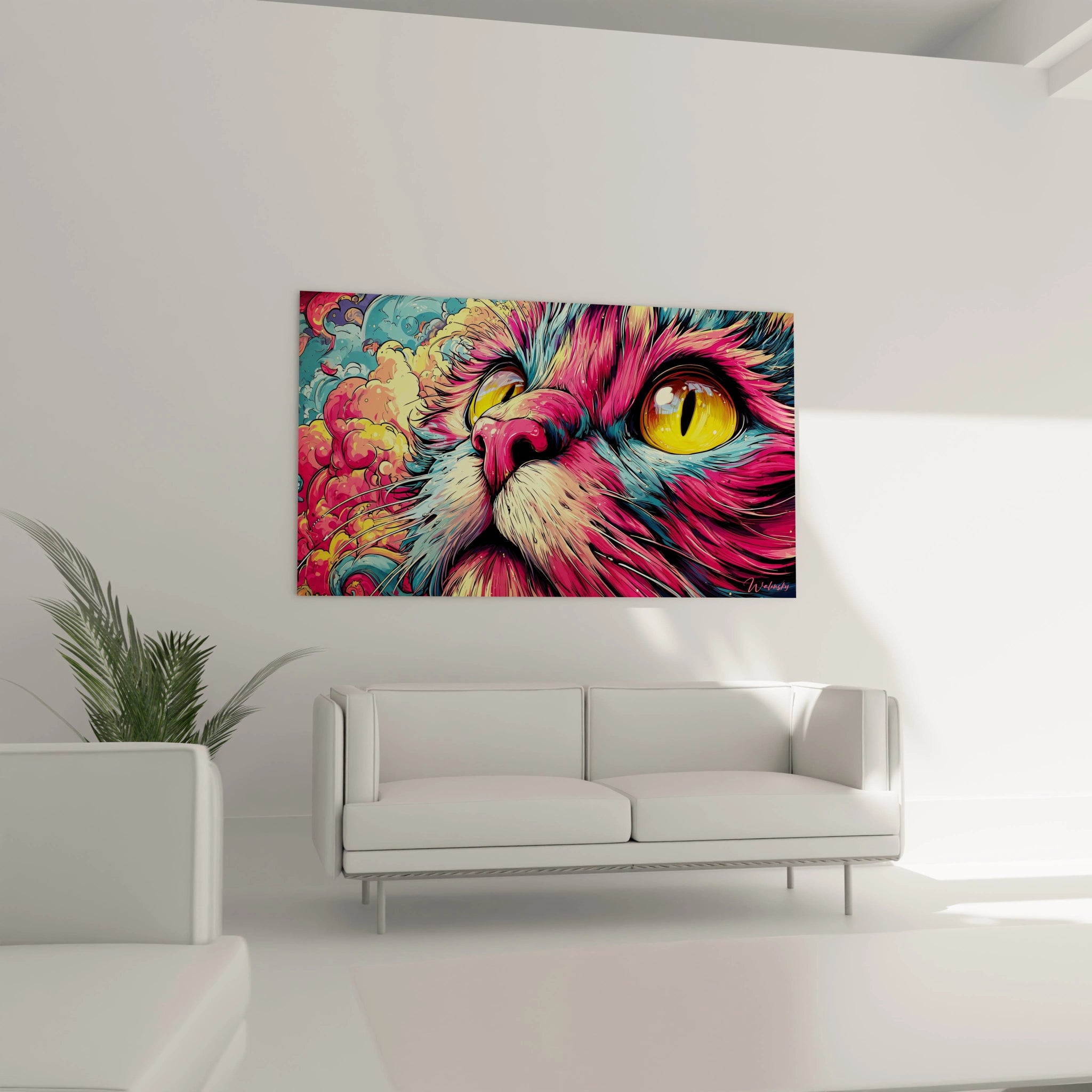Gros plan tableau chat art psychédélique détails couleurs arc-en-ciel œil doré perçant