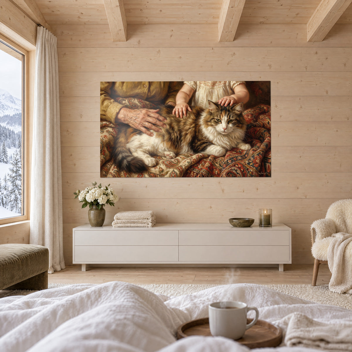 Πίνακας γάτα angora ξαπλωμένη πάνω σε ύφασμα με σχέδια ώχρας και κόκκινου κασμίρ, παχουλά δάχτυλα παιδιού πάνω στο κεφάλι της, πάνω από κρεβάτι σε φωτεινή κρεβατοκάμαρα