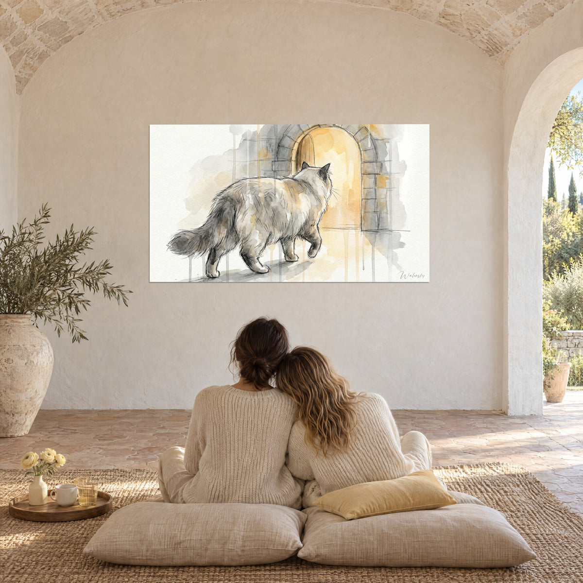 Cuadro ragamuffin entrando en la luz de un arco de piedra, regueros grises y ámbar, pareja abrazada sobre cojines en el mas