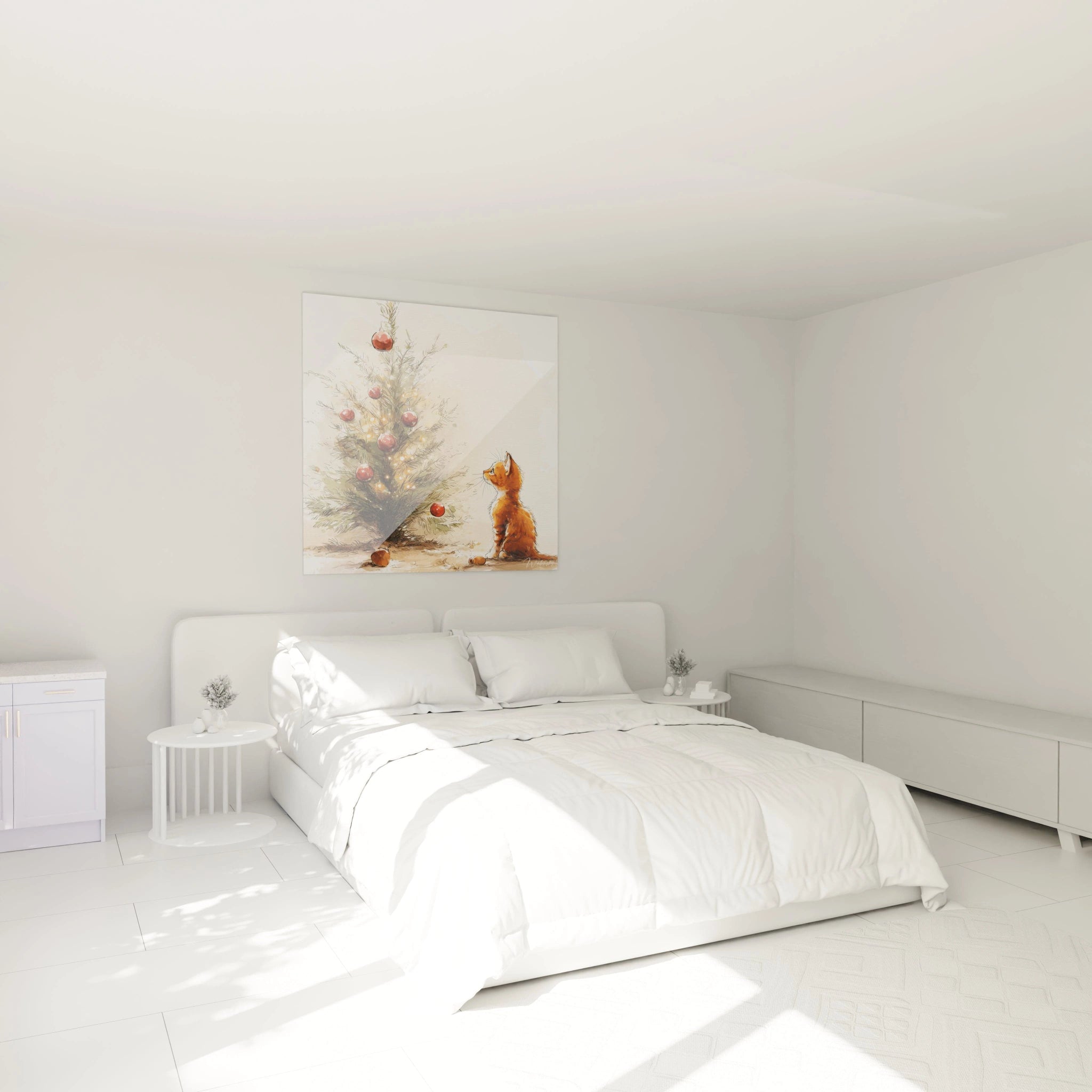 Tableau chat roux Noël accroché au mur au-dessus d'un lit moderne dans une chambre lumineuse