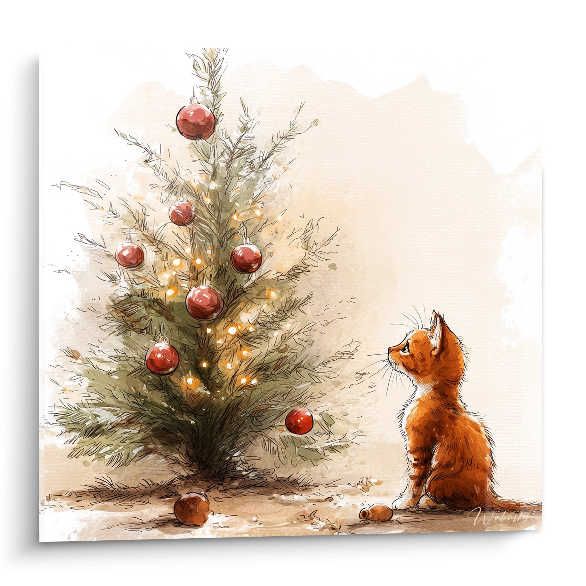 Tableau chat roux Noël illustrant un chat orange admirant un sapin décoré de boules rouges