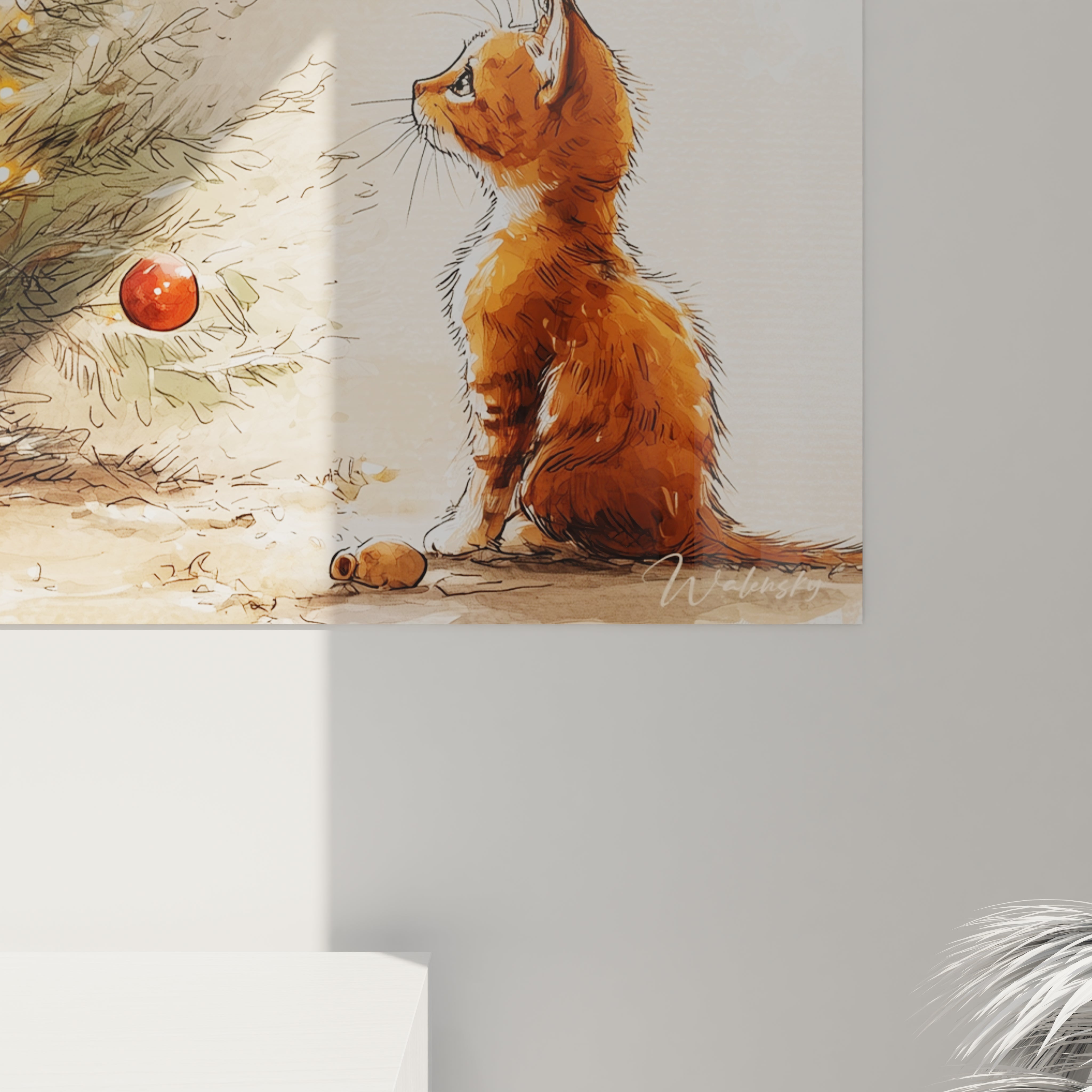 Tableau mural chat roux Noël observant un sapin avec des décorations festives pour une ambiance joyeuse