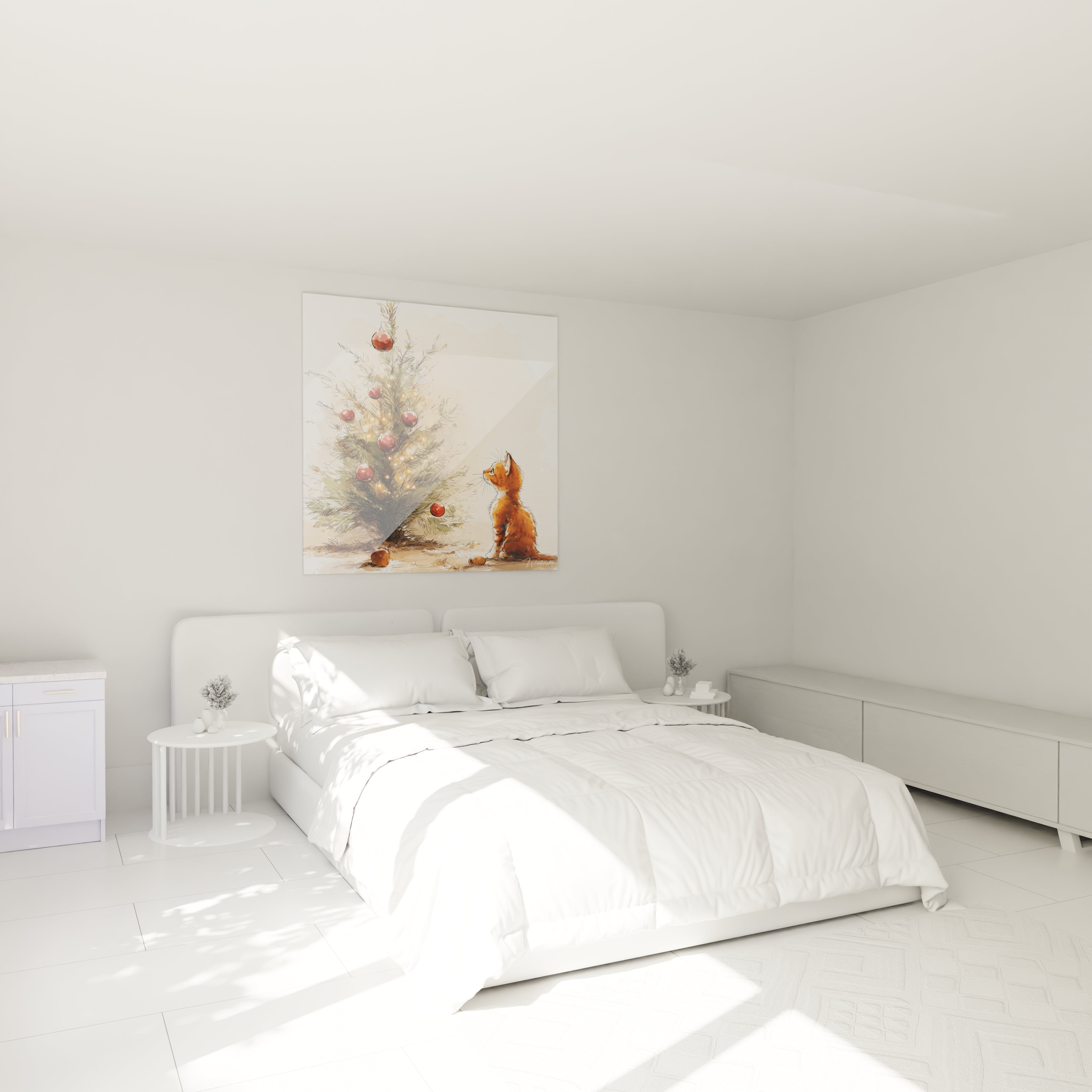 Tableau chat roux Noël accroché au mur au-dessus d'un lit moderne dans une chambre lumineuse