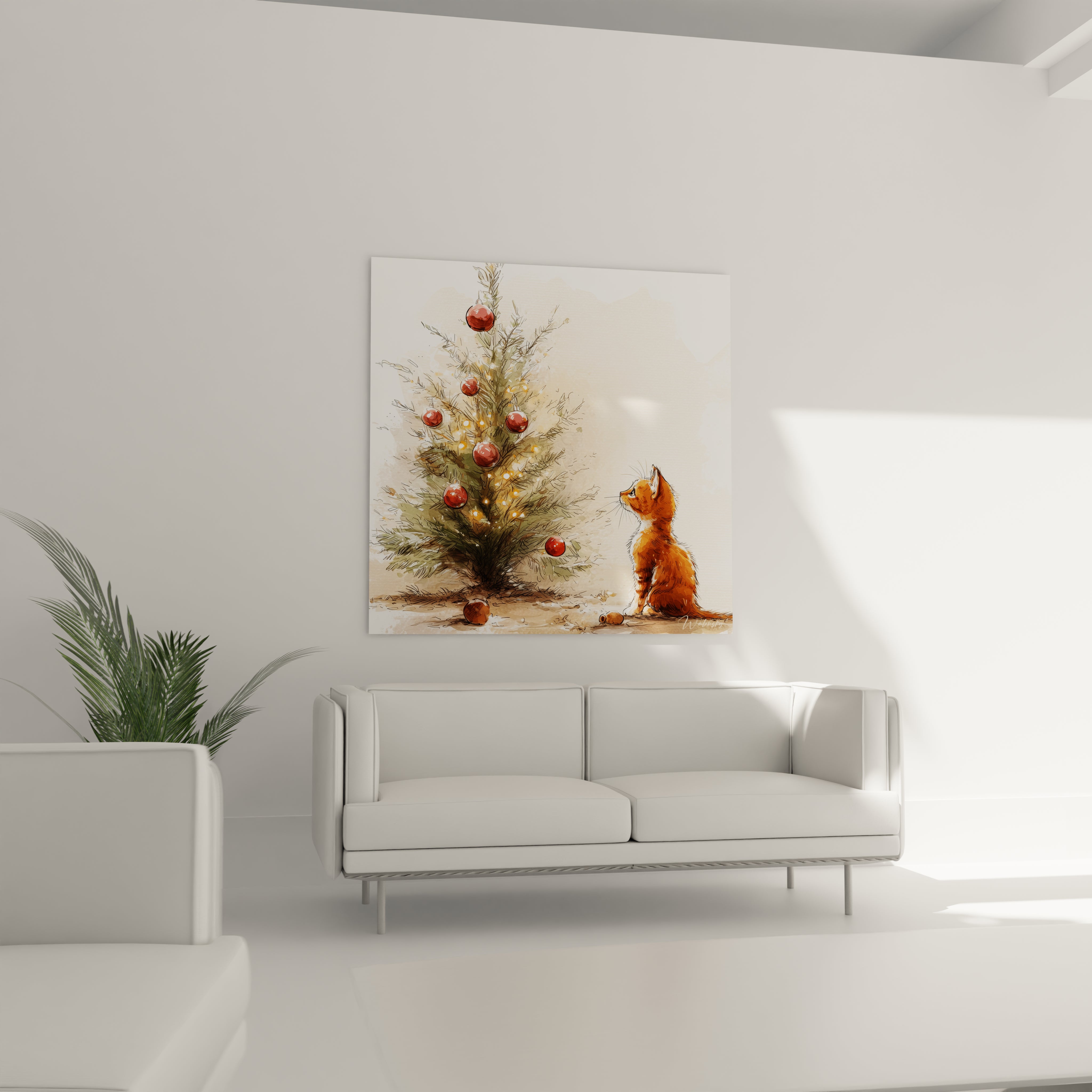 Tableau chat roux Noël avec un arbre de Noël décoré dans un intérieur moderne