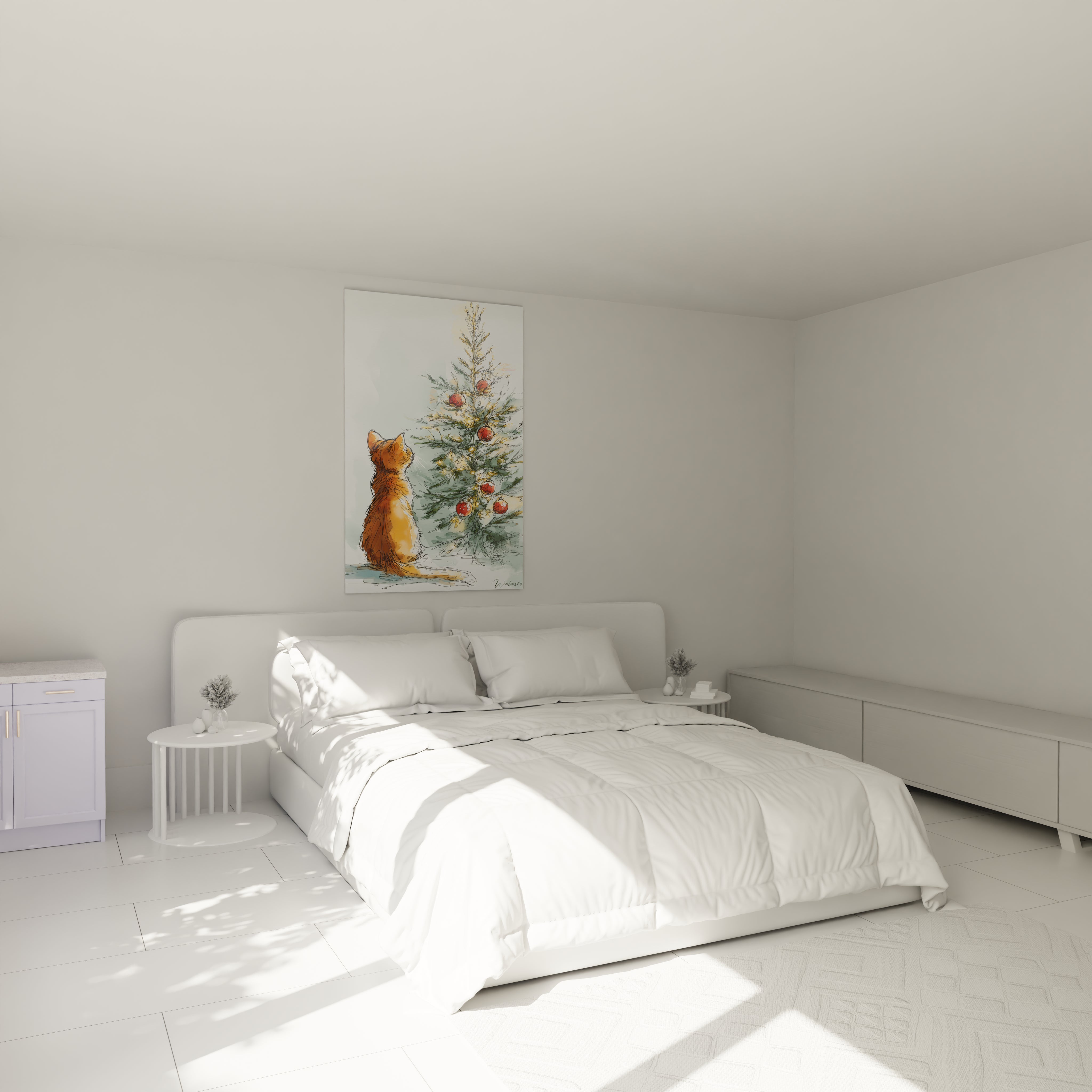 Tableau chat sapin Noël de Walensky décorant une chambre moderne et lumineuse
