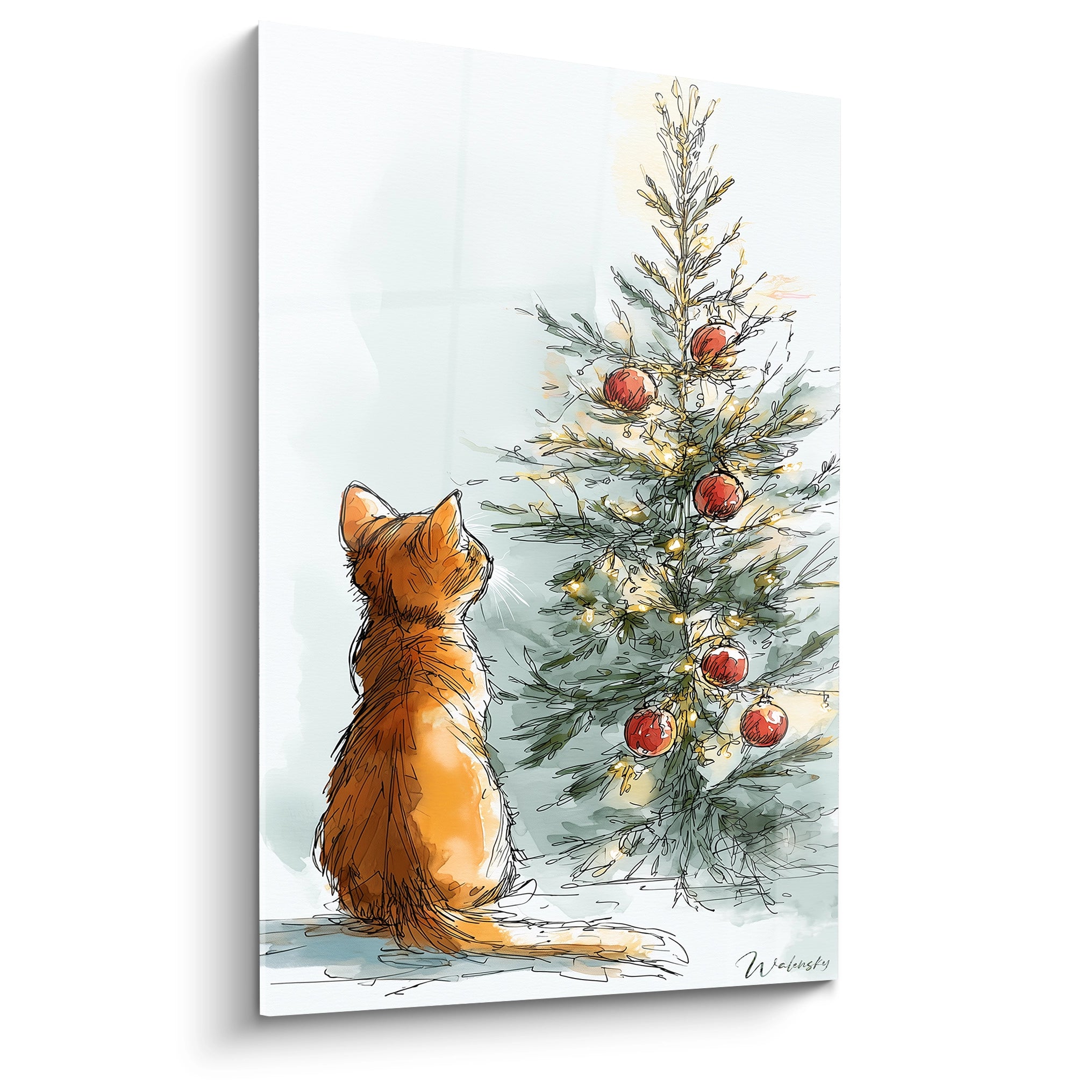Tableau chat sapin Noël avec un chat regardant un sapin décoré de boules rouges