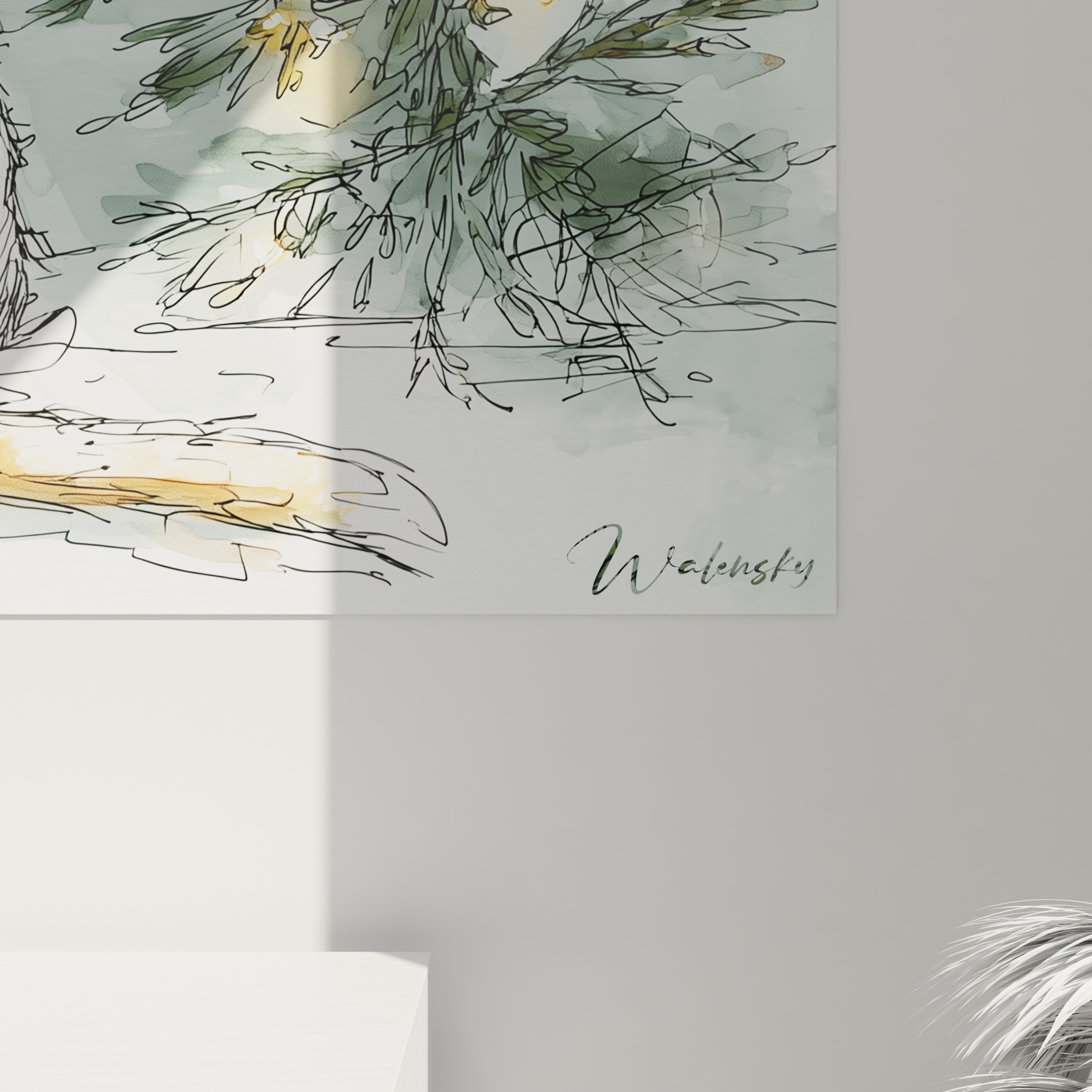 Tableau chat sapin Noël par Walensky, une décoration murale festive avec un style artistique moderne