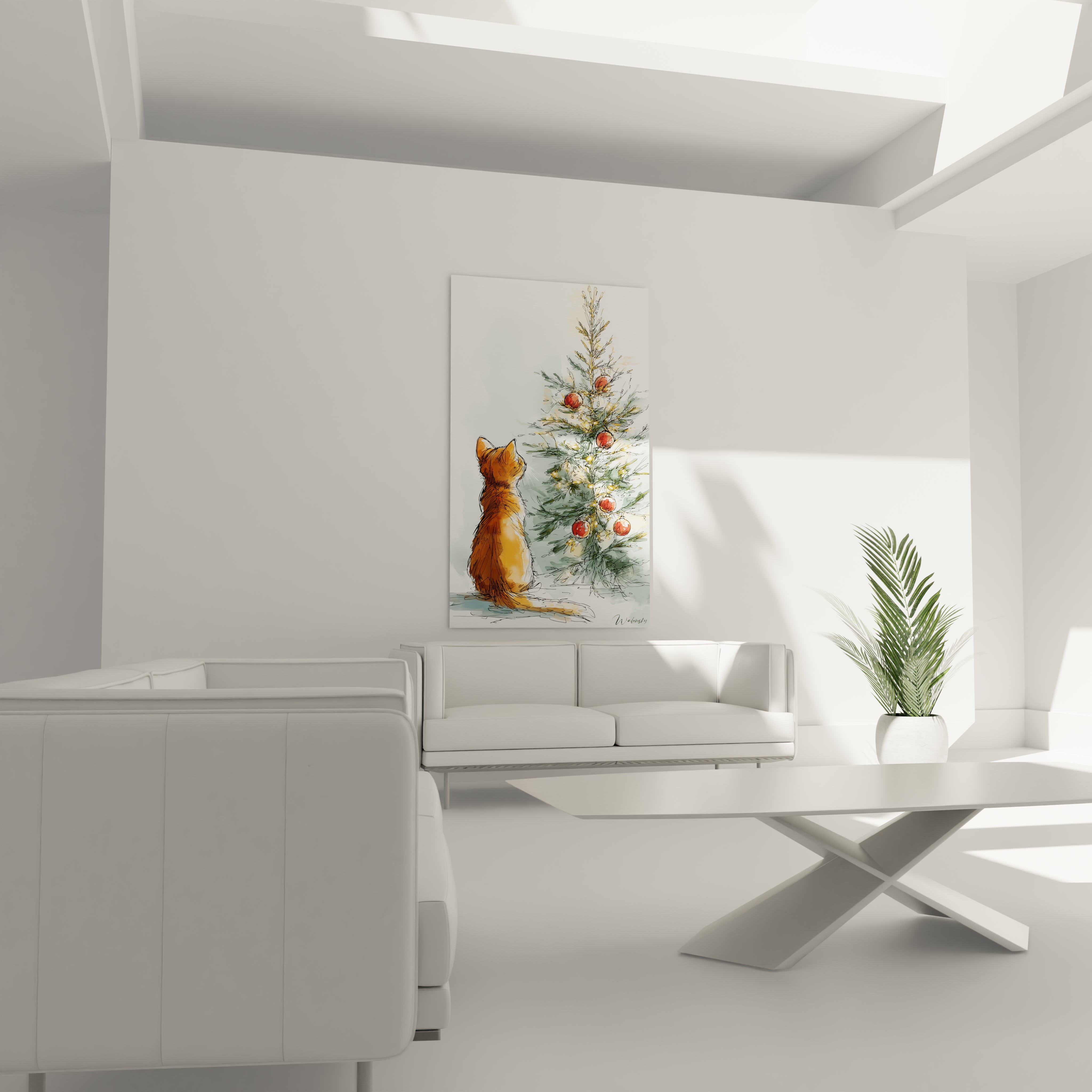 Tableau chat sapin Noël de Walensky avec un chat et un sapin décoré dans un intérieur moderne