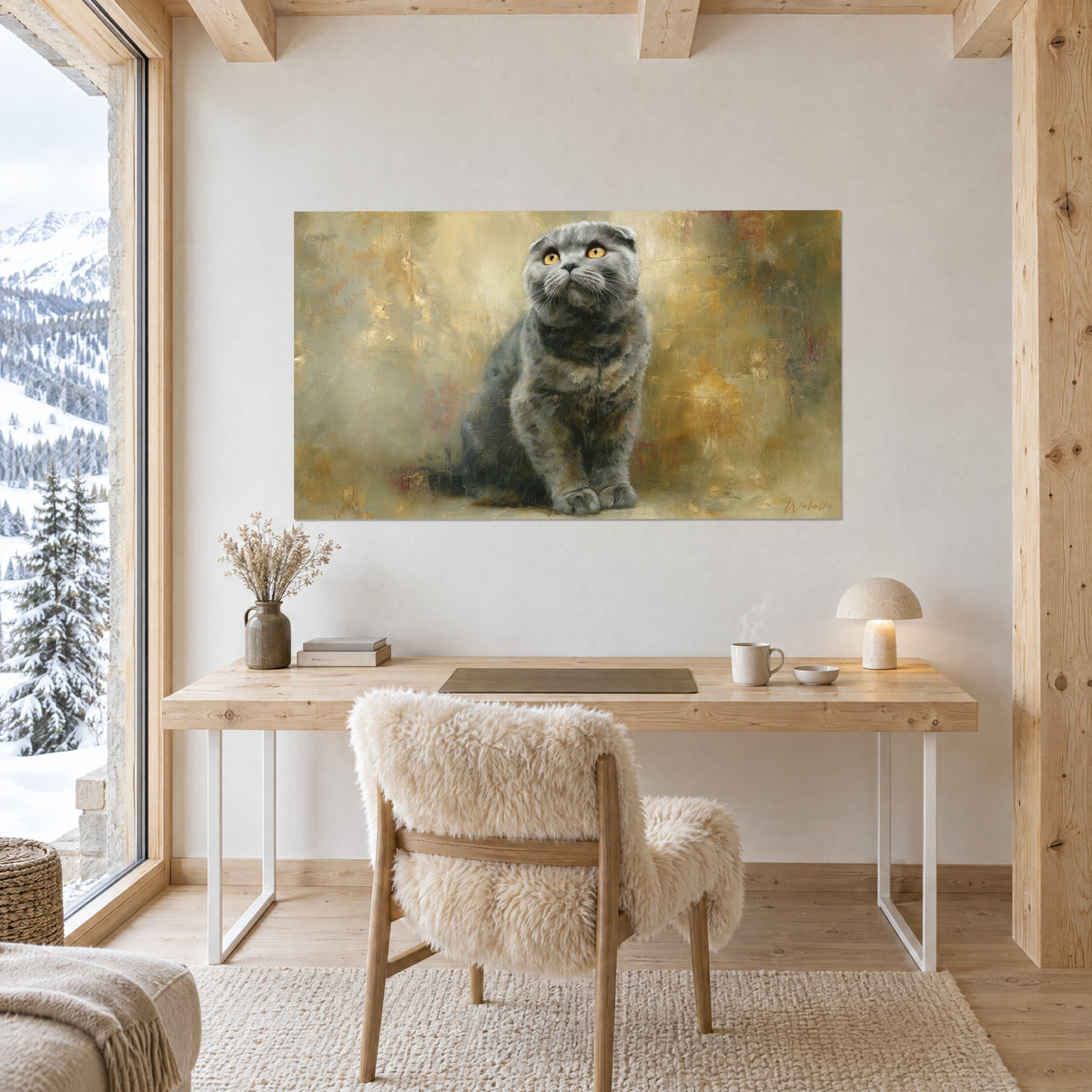 Πίνακας γάτα Scottish Fold σε καπνιστό γκρι, πατούσες σταυρωμένες, απαλό χρυσό και πράσινο φόντο, λευκός τοίχος πάνω από ξύλινο γραφείο ανοιχτόχρωμο