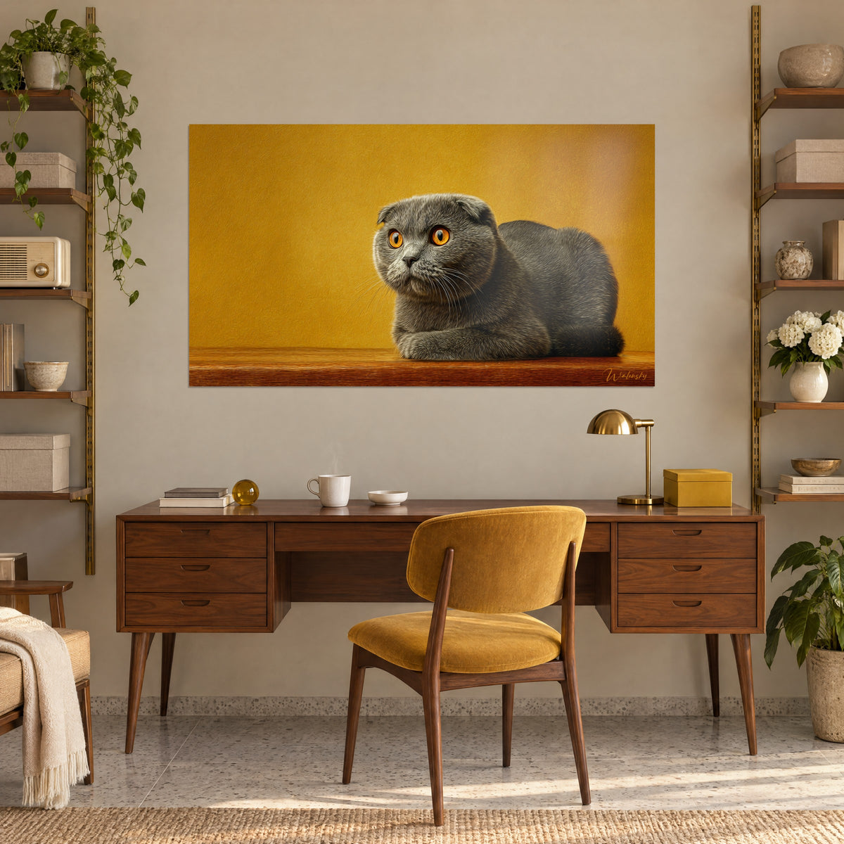 Πίνακας γκρι γάτου Scottish Fold με σταυρωμένα πόδια, έντονη πορτοκαλί ίριδα σε χρυσό φόντο, πάνω από ξύλινο γραφείο και ωχρή καρέκλα