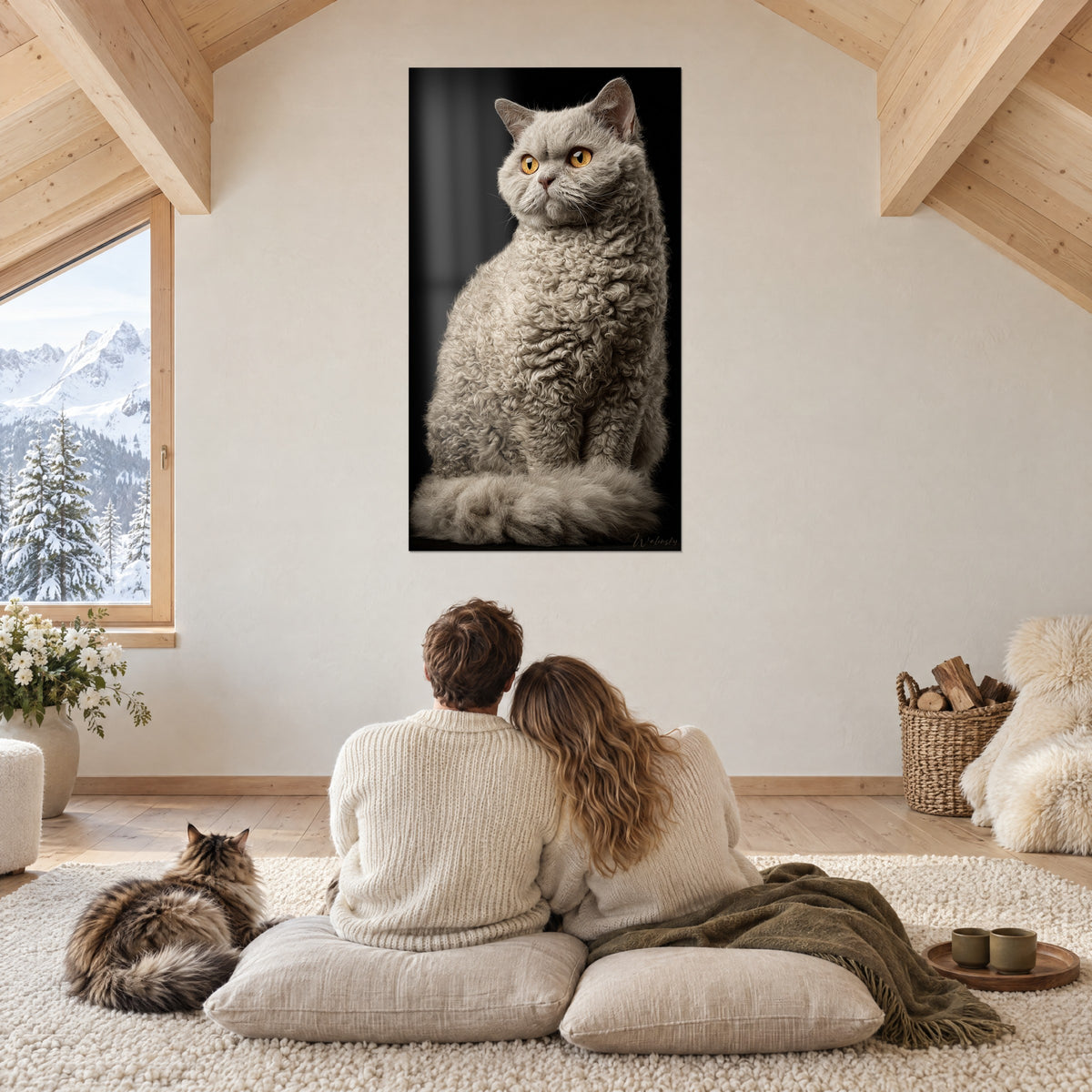 Πίνακας μεγαλοπρεπούς Selkirk Rex, κρεμ και γκρι γούνα, κεχριμπαρένιο βλέμμα, λευκός τοίχος κάτω από δοκάρια, ζευγάρι και Maine Coon στο ορεινό καταφύγιο
