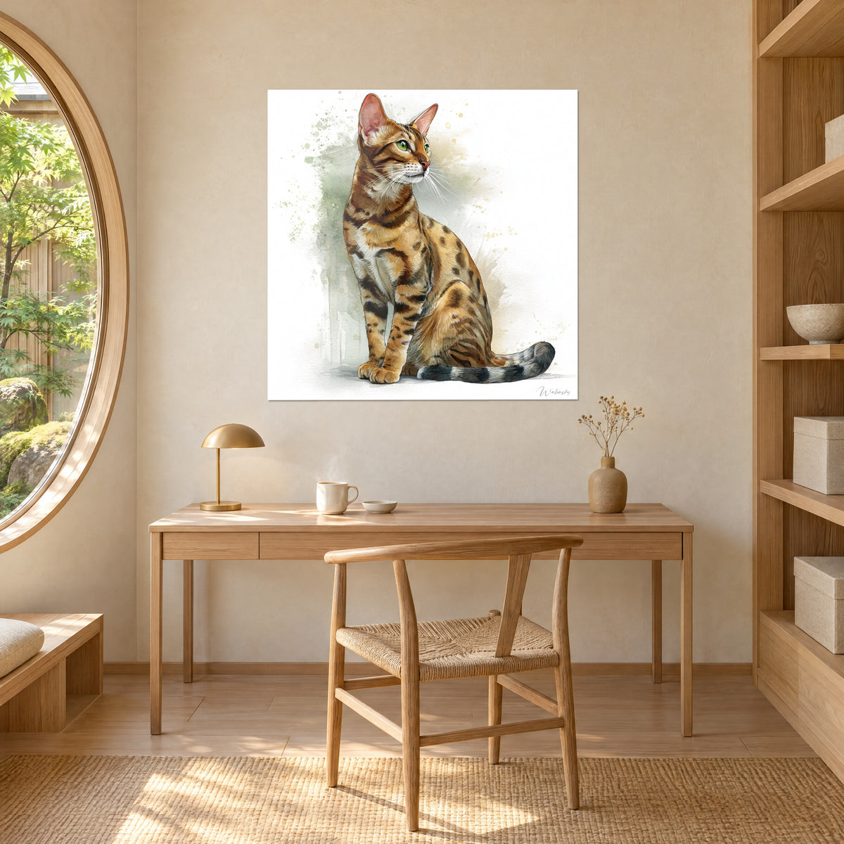 Schilderij van een slanke kat met witte snorharen, koperkleurige vacht met zwarte stippen, saliegroene penseelstreken, aan de muur van een lichthouten kantoor naast een ronde raam