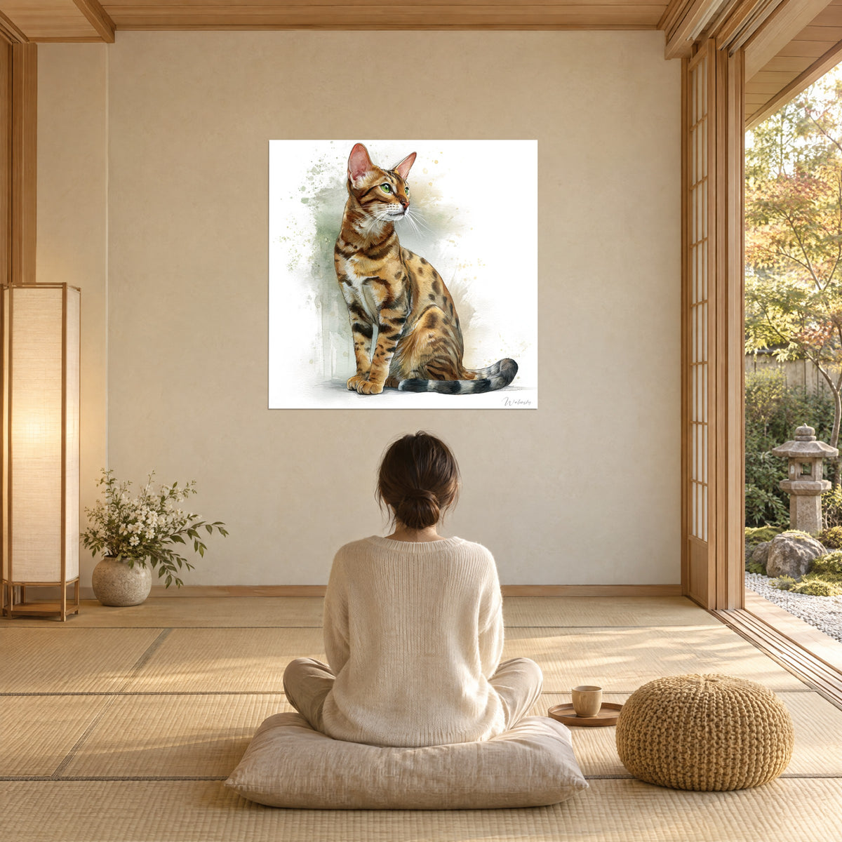 Schilderij van een Serengeti-kat in een sierlijke houding, karamel- en bruine vacht, staart met grijze ringen, gouden glans, van achteren bekeken door een vrouw die op een kussen zit