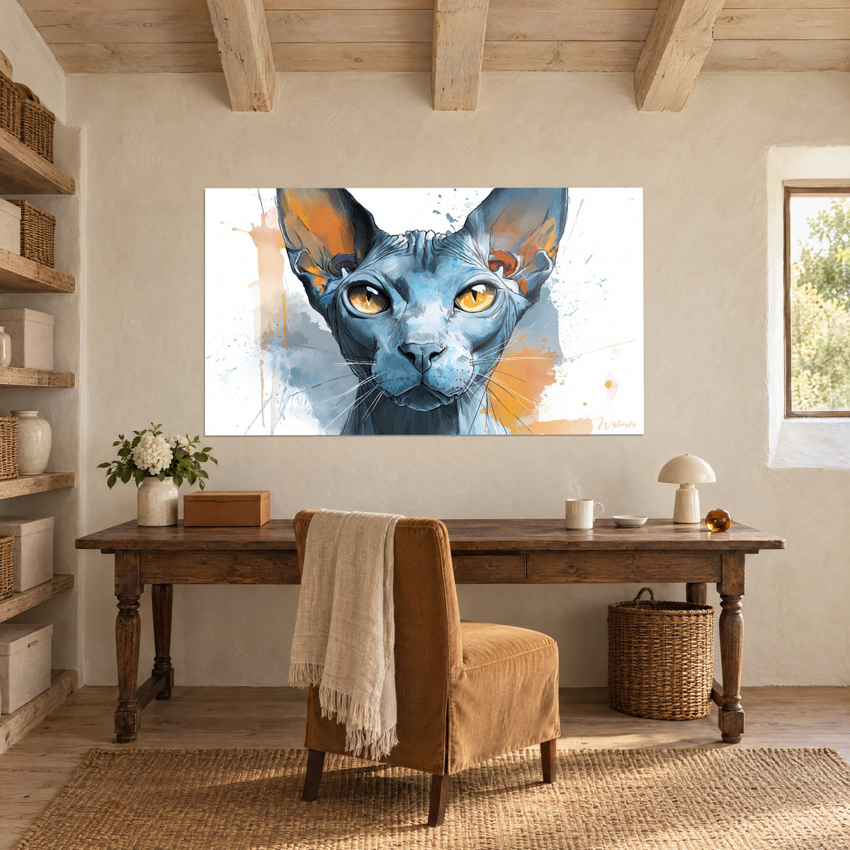 Cuadro cabeza de gato desnudo de bigotes blancos, tonos azul glaciar y naranja, encima de un escritorio de madera