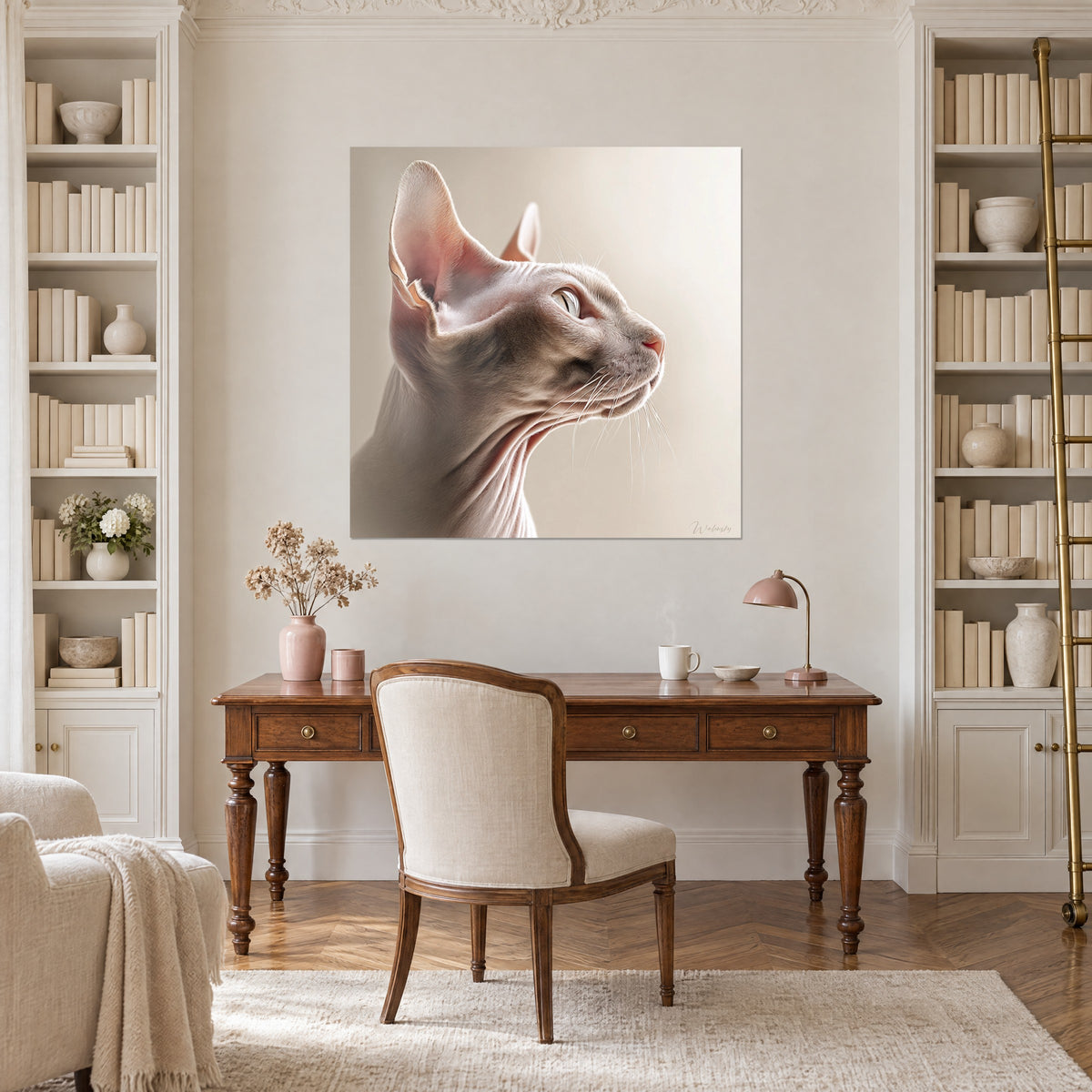 Πίνακας γάτα Sphynx σε προφίλ, αυτί με κεχριμπαρένια άκρη, γκρι ταύπε και κρεμ αποχρώσεις, ανάμεσα σε δύο βιβλιοθήκες ξύλινου γραφείου