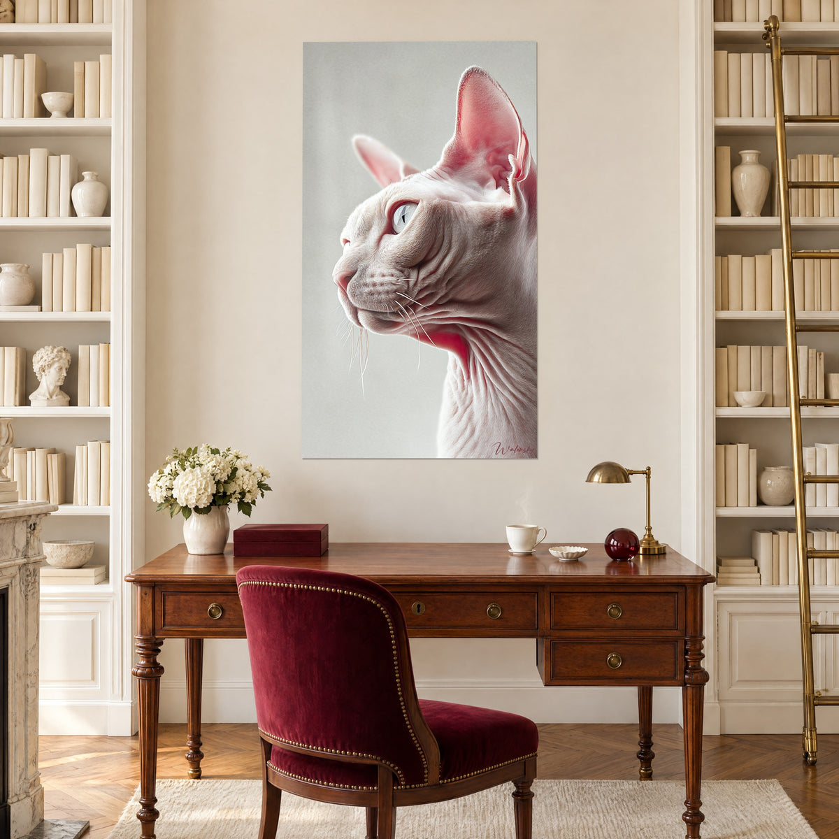 Cuadro retrato animalístico de una esfinge rosa empolvado de ojos pálidos, fondo gris claro, encima de un escritorio de madera y estanterías