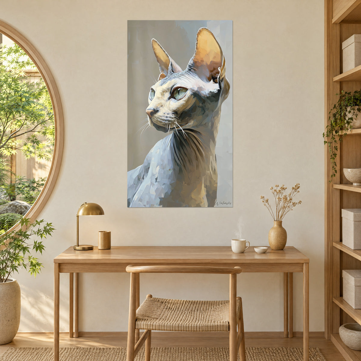 Gemälde nackte Katze im Profil, langer Hals, blassgrüne Augen und kupferfarbene Ohren, über einem Holzschreibtisch neben einem runden Fenster