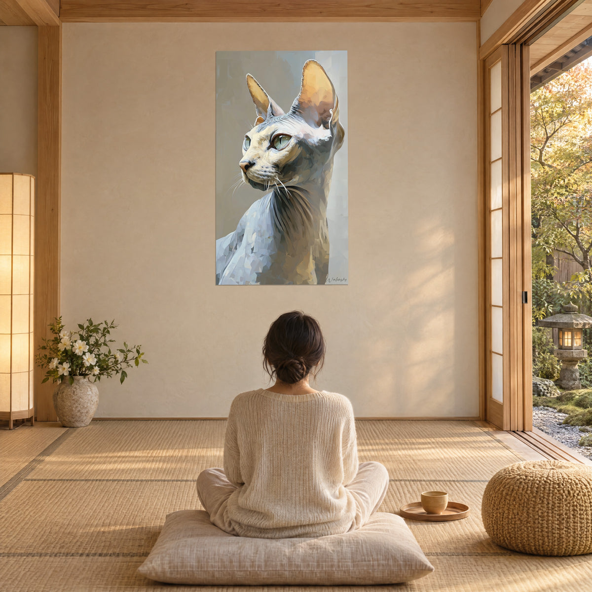 Gemälde Sphynx mit großen orangefarbenen Ohren und bläulichem Fell, eine Frau von hinten sitzt auf einem Kissen mit Blick zur beigen Wand