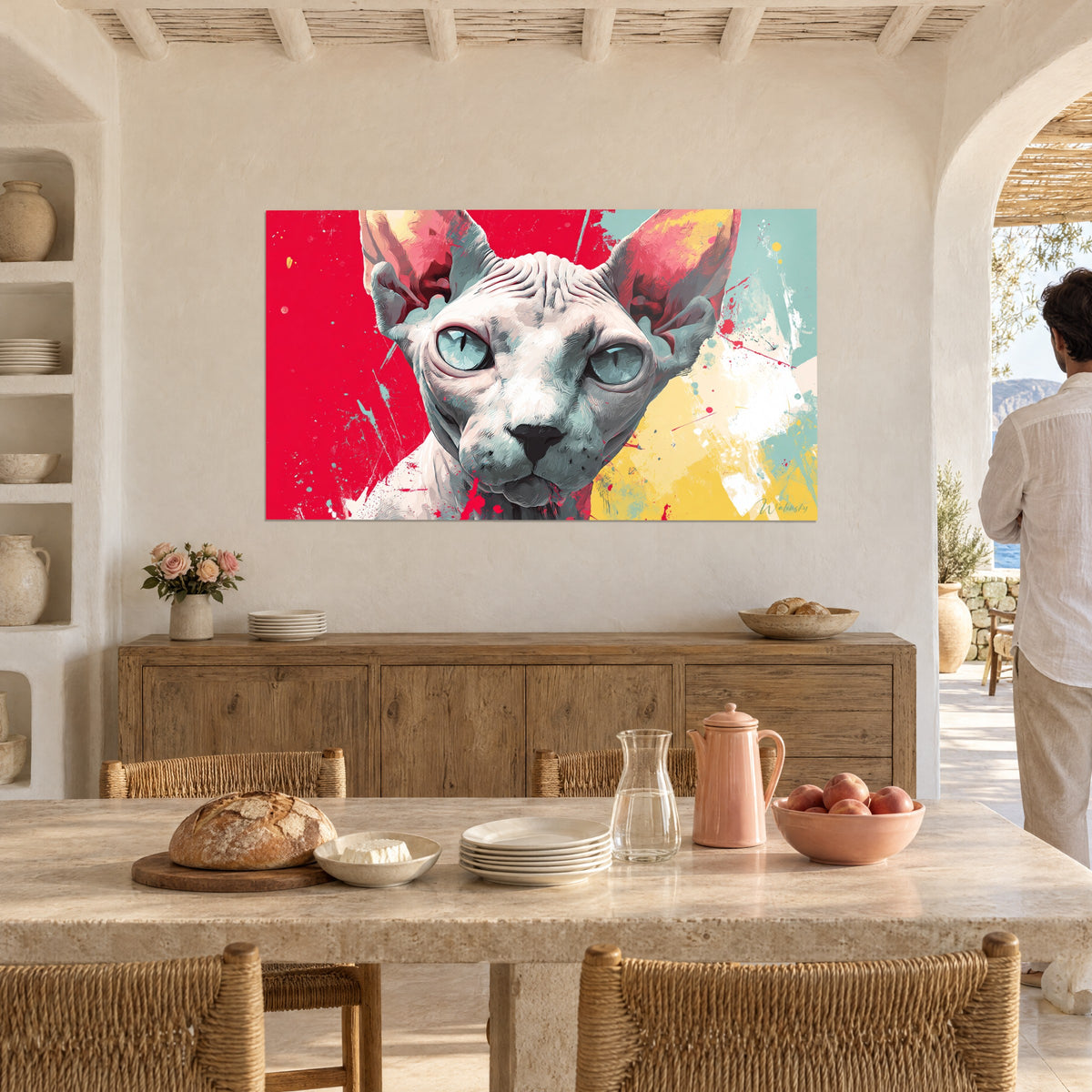 Obraz głowa kota Sphynx w stylu pop art, duże różowe uszy, płaskie czerwone i żółte plamy barwne, pokój z białym sklepionym sufitem
