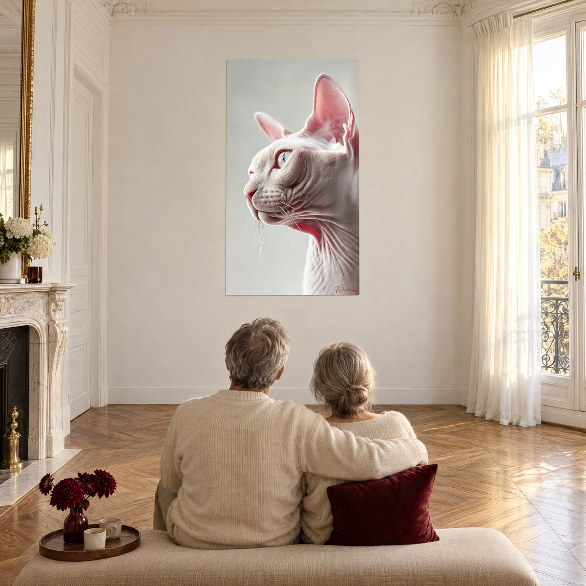 Cuadro perfil de gato desnudo de piel rosada finamente arrugada, mirada azulada alzada, dos personas de espaldas, gran salón blanco roto