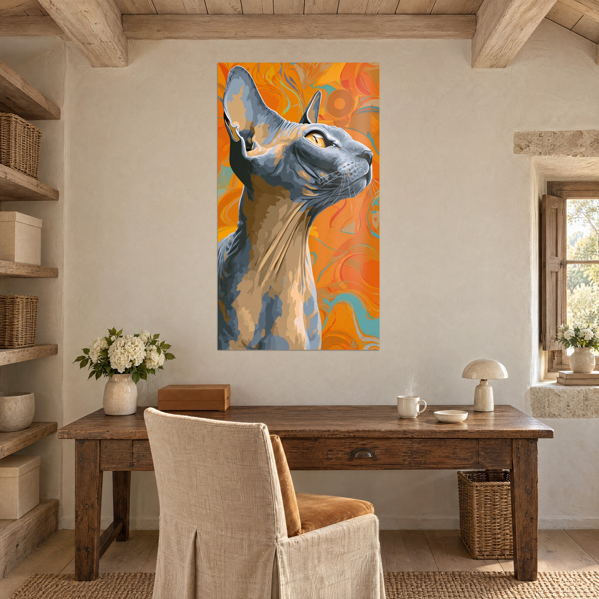 Πίνακας σιλουέτα λεπτής sphynx, μπεζ και γκρι λαιμός, λευκά μουστάκια, πορτοκαλί φόντο, πάνω από ξύλινο γραφείο