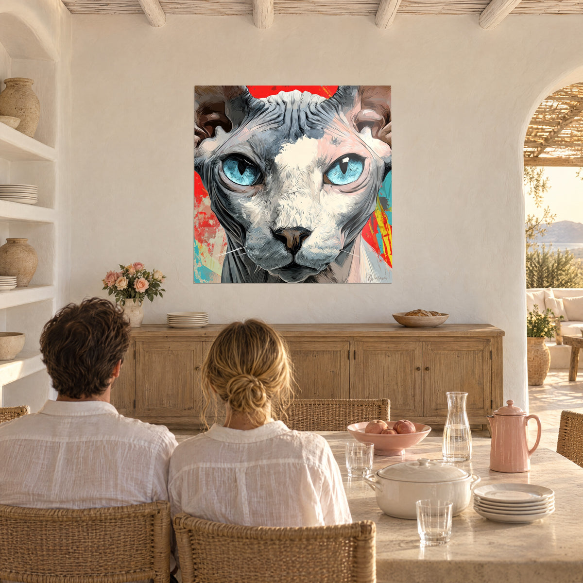 Πίνακας κεφάλι Sphynx με γαλάζια σχισμένα μάτια, γκρίζες ρυτίδες και κόκκινες πινελιές, απέναντι από τραπέζι φαγητού από ανοιχτόχρωμη πέτρα