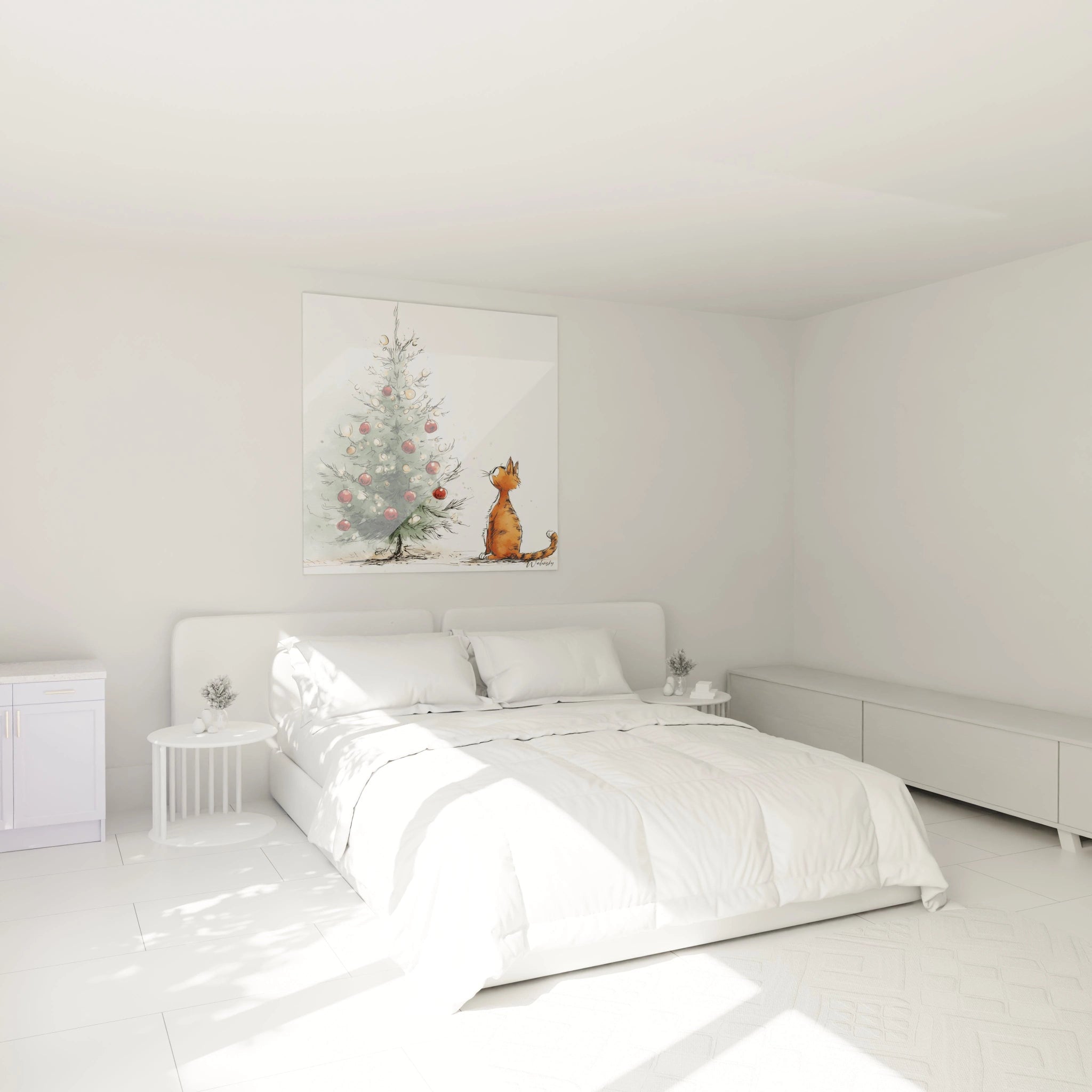 Tableau chat Noël sur mur avec un sapin décoré dans une chambre moderne et lumineuse