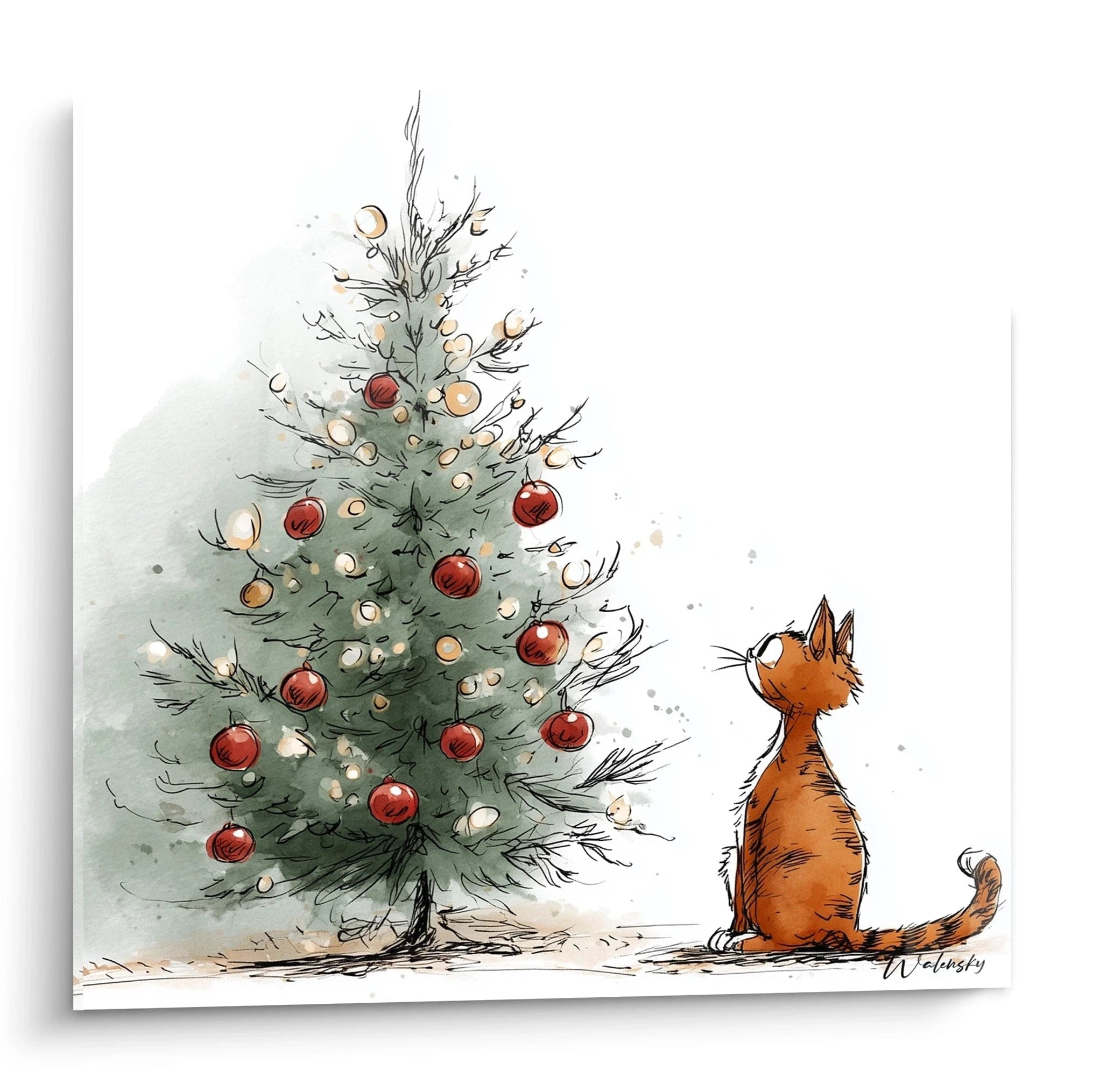 Tableau chat Noël avec un chat orange admirant un sapin décoré de boules rouges