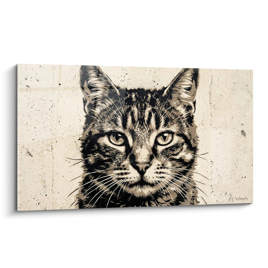 Tableau chat tigré aux yeux perçants sur fond beige texturé - Regard félin - Edition Street art pochoir