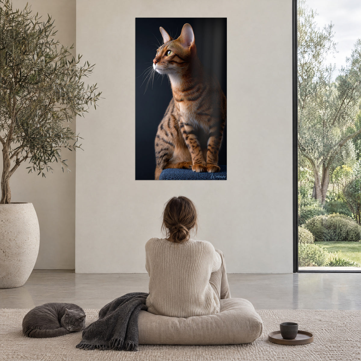 Πίνακας γάτα Toyger με χρυσή τρίχα ριγέ καφέ, όρθια σιλουέτα σε φόντο θαλασσί, απέναντι σε καθισμένη γυναίκα κοντά σε γκρι γάτα