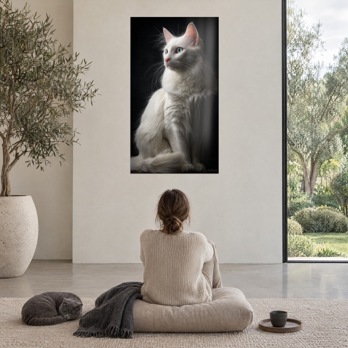 Πίνακας κομψή γάτα angora, λευκό φόρεμα και ροζ μύτη σε κάρβουνο φόντο, γυναίκα από πίσω καθισμένη σε πουφ με μια γκρι γάτα στο πλευρό της